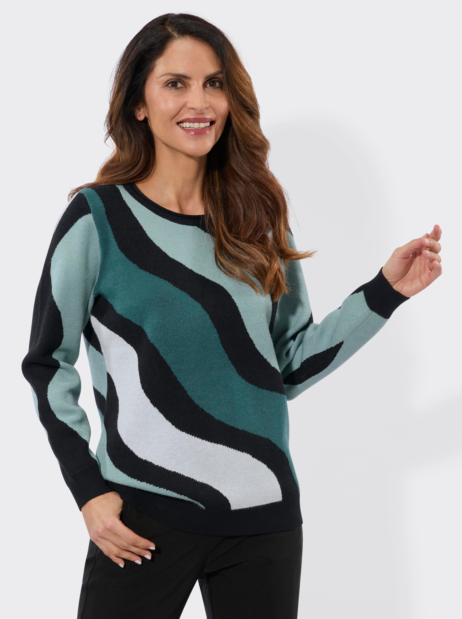 Jacquard-Pullover mit Wellenmuster - schwarz-jade-gemustert
