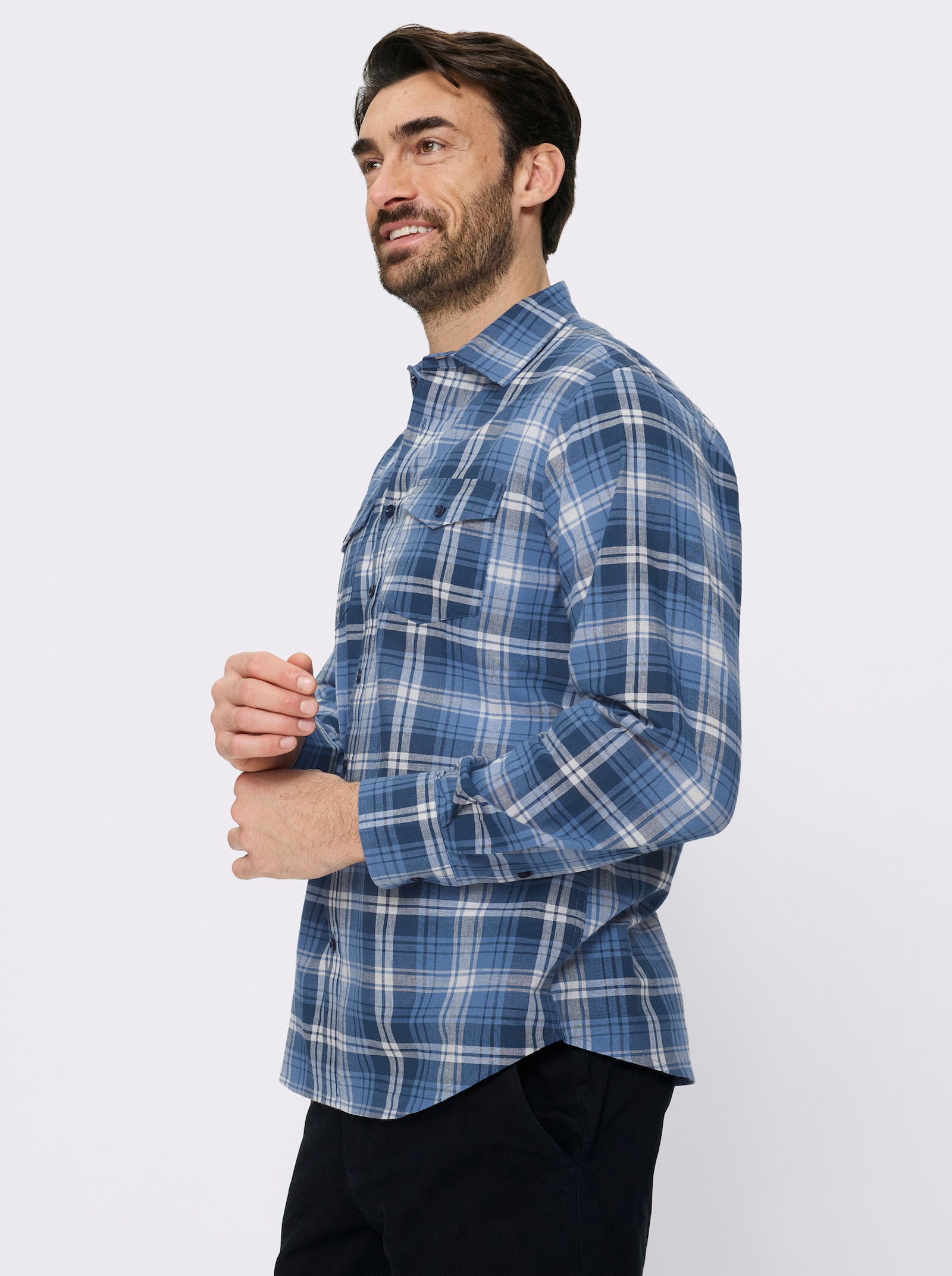 Catamaran Langarmhemd mit garngefärbtem Muster - mittelblau-kariert