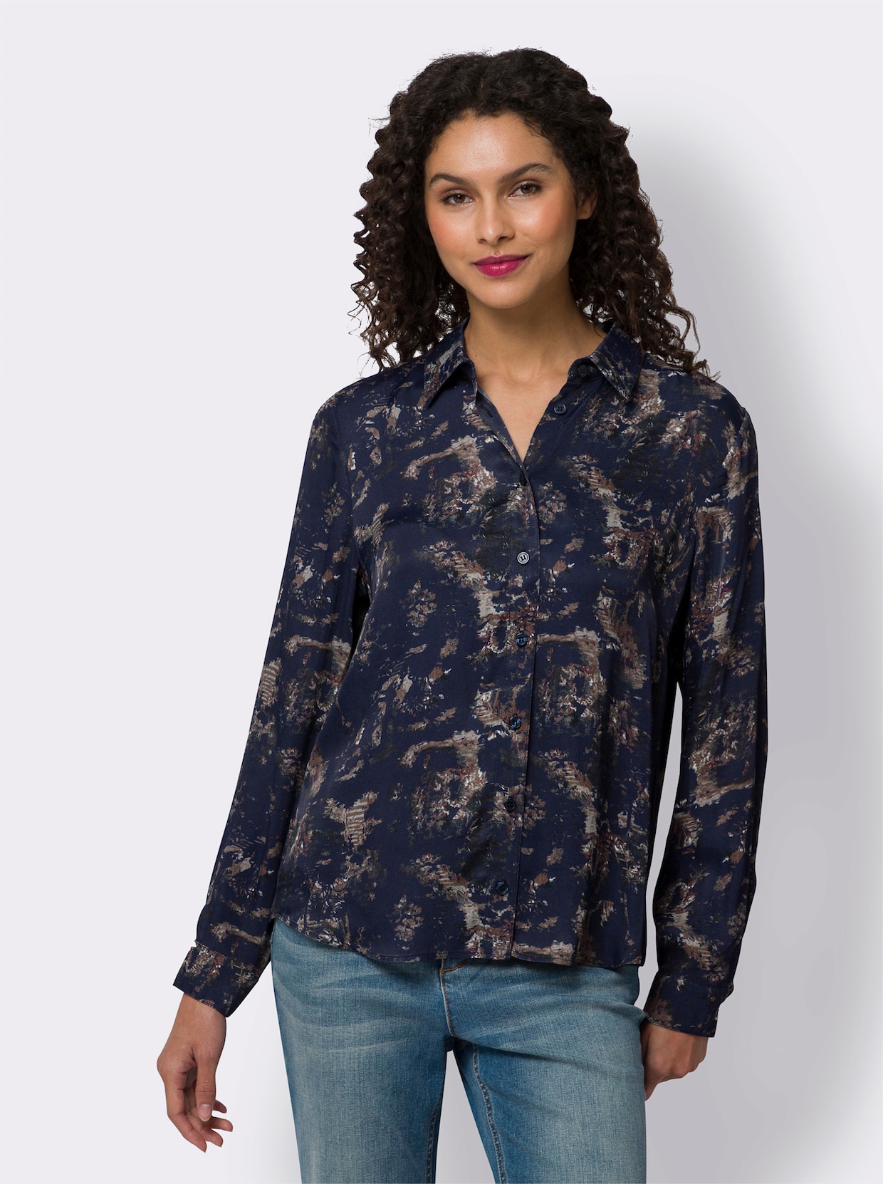 heine Satijnen blouse - marine/sesam bedrukt