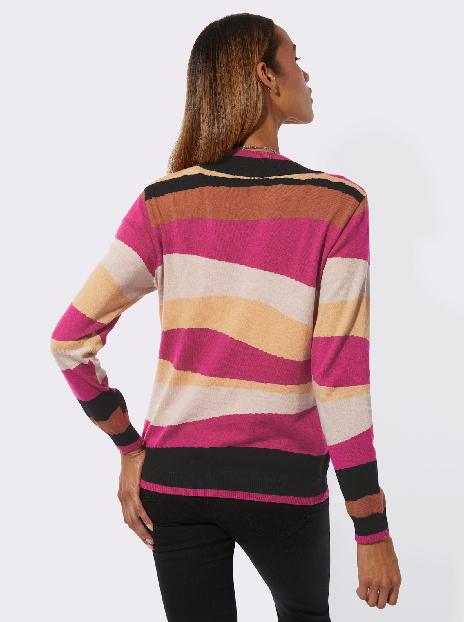 Veste en tricot fin avec bords-côtes - fuchsia-papaye à motifs