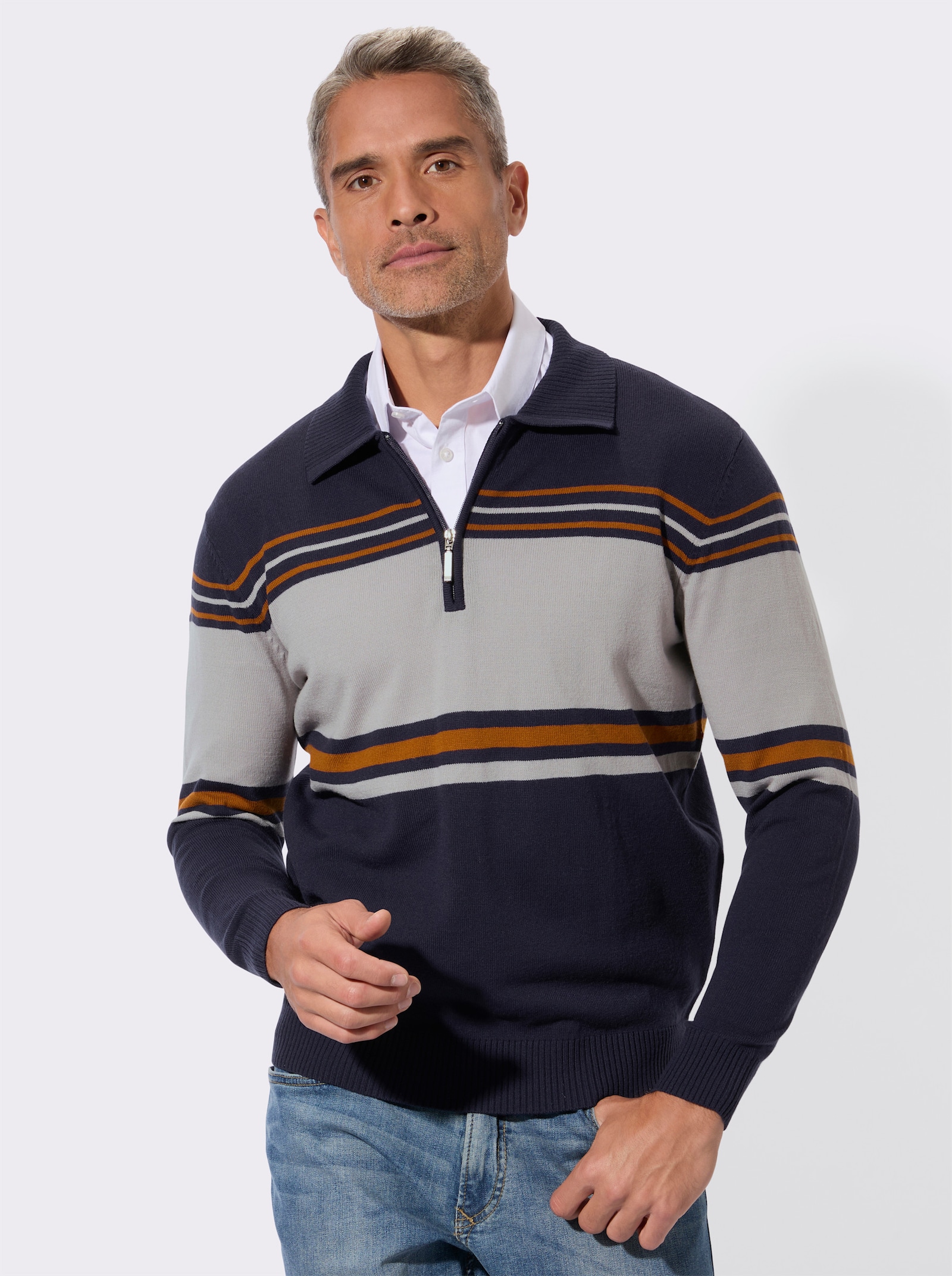 Polopullover met op dessin geplaatst streeppatroon - marine/steengrijs