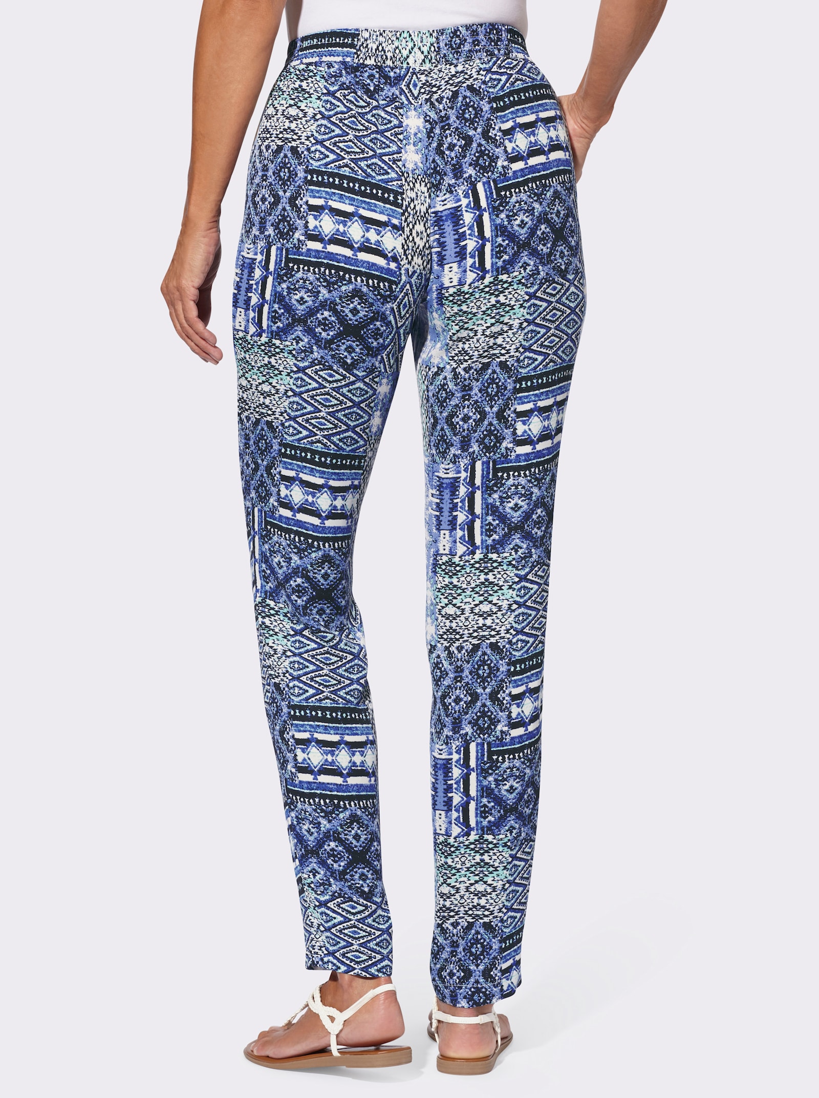 Broek met print in patchworkdessin - koningsblauw/ecru bedrukt