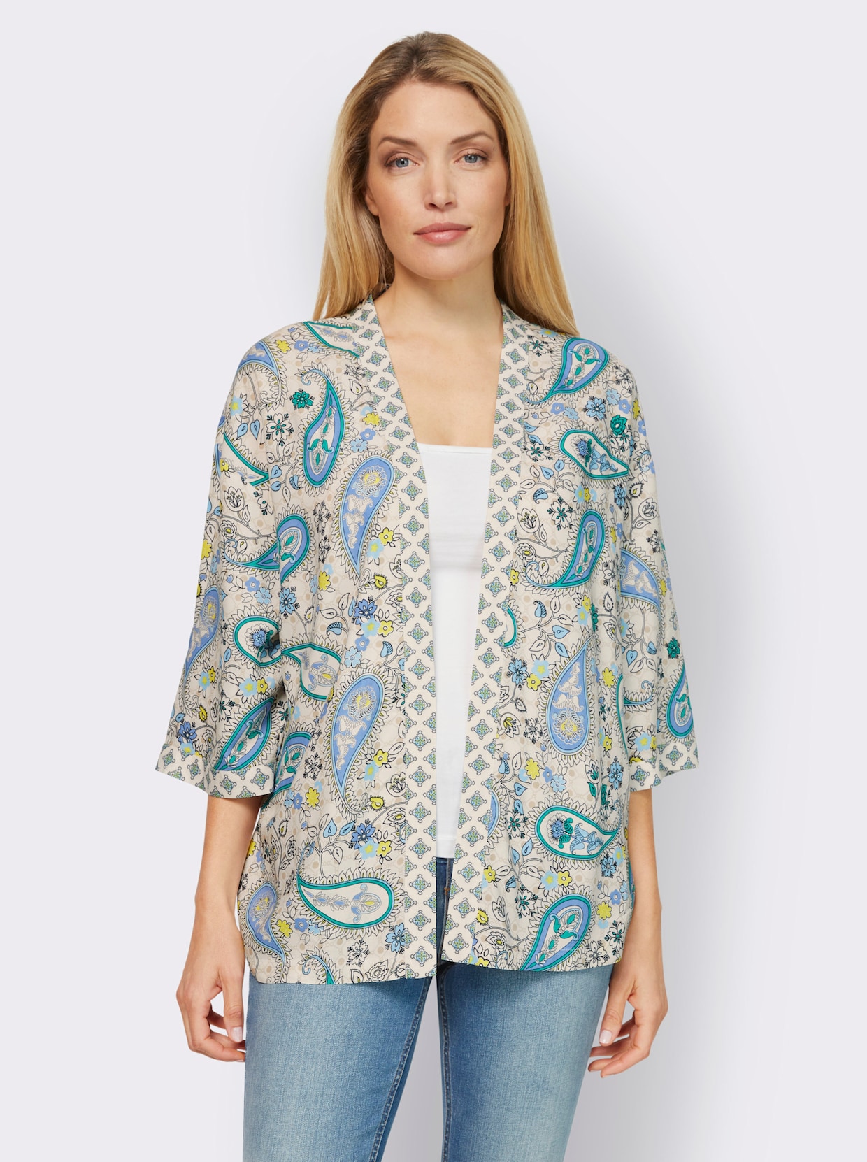 heine Lange blouse - middelblauw/smaragd bedrukt
