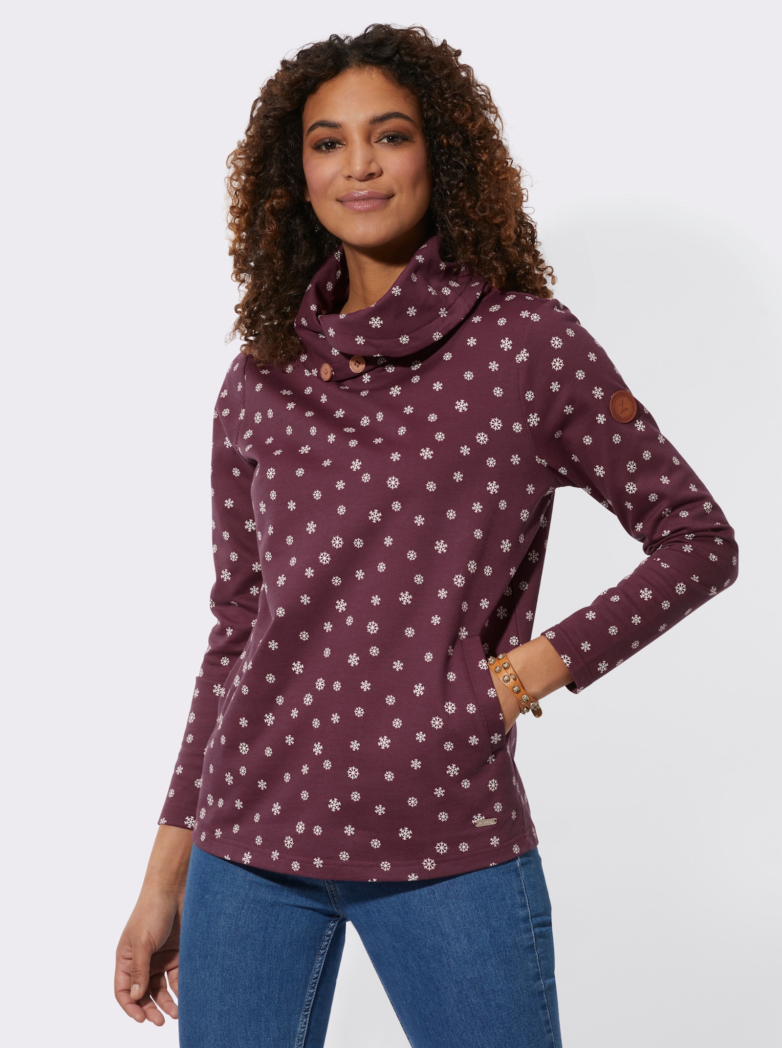 Rollkragenshirt mit Schneeflocken bedruckt - burgund-weiss-bedruckt
