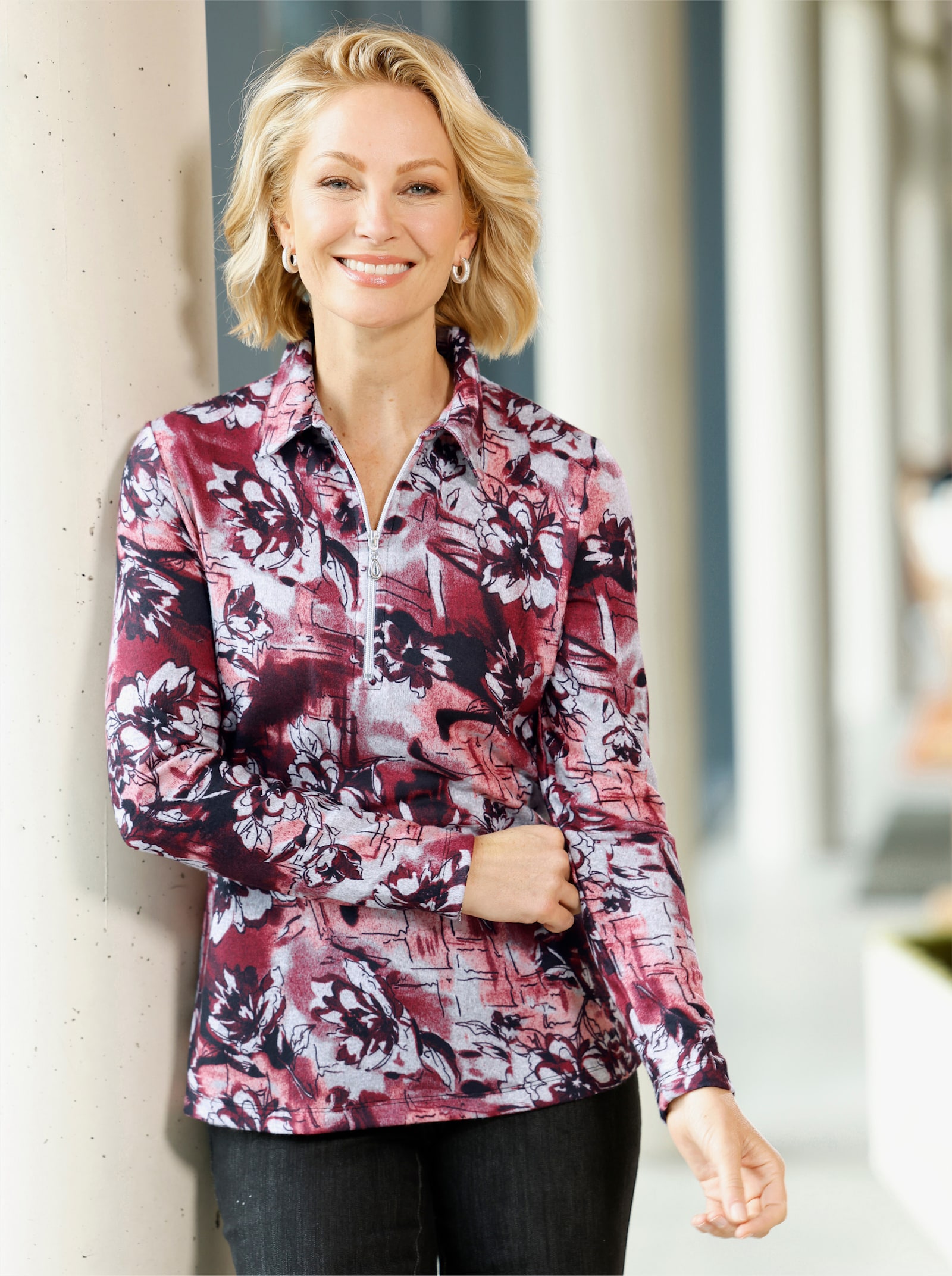 Poloshirt in wärmend angerauter Qualität - bordeaux-grau-bedruckt