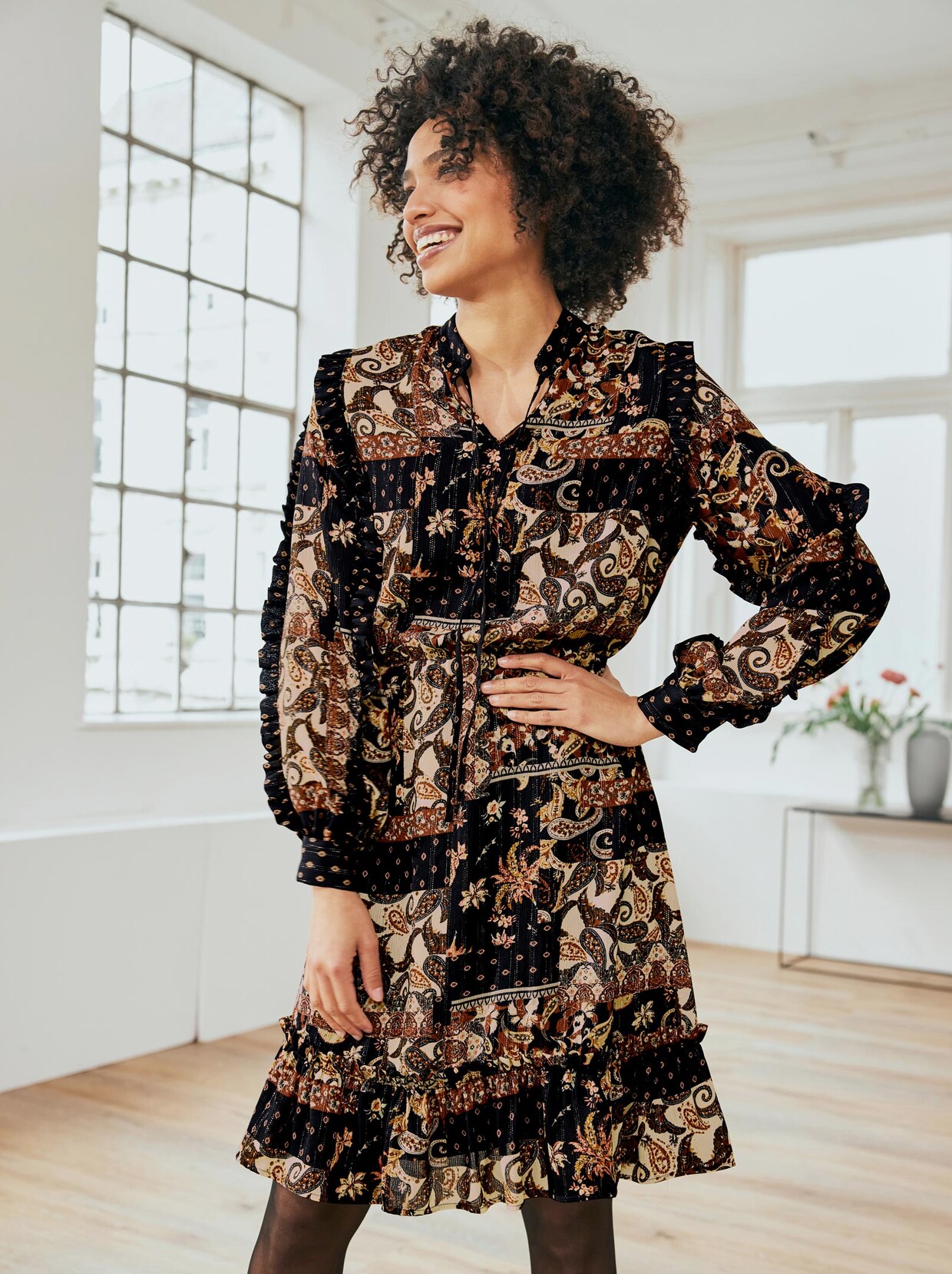 Linea Tesini Druck-Kleid - schwarz-rotbraun-bedruckt