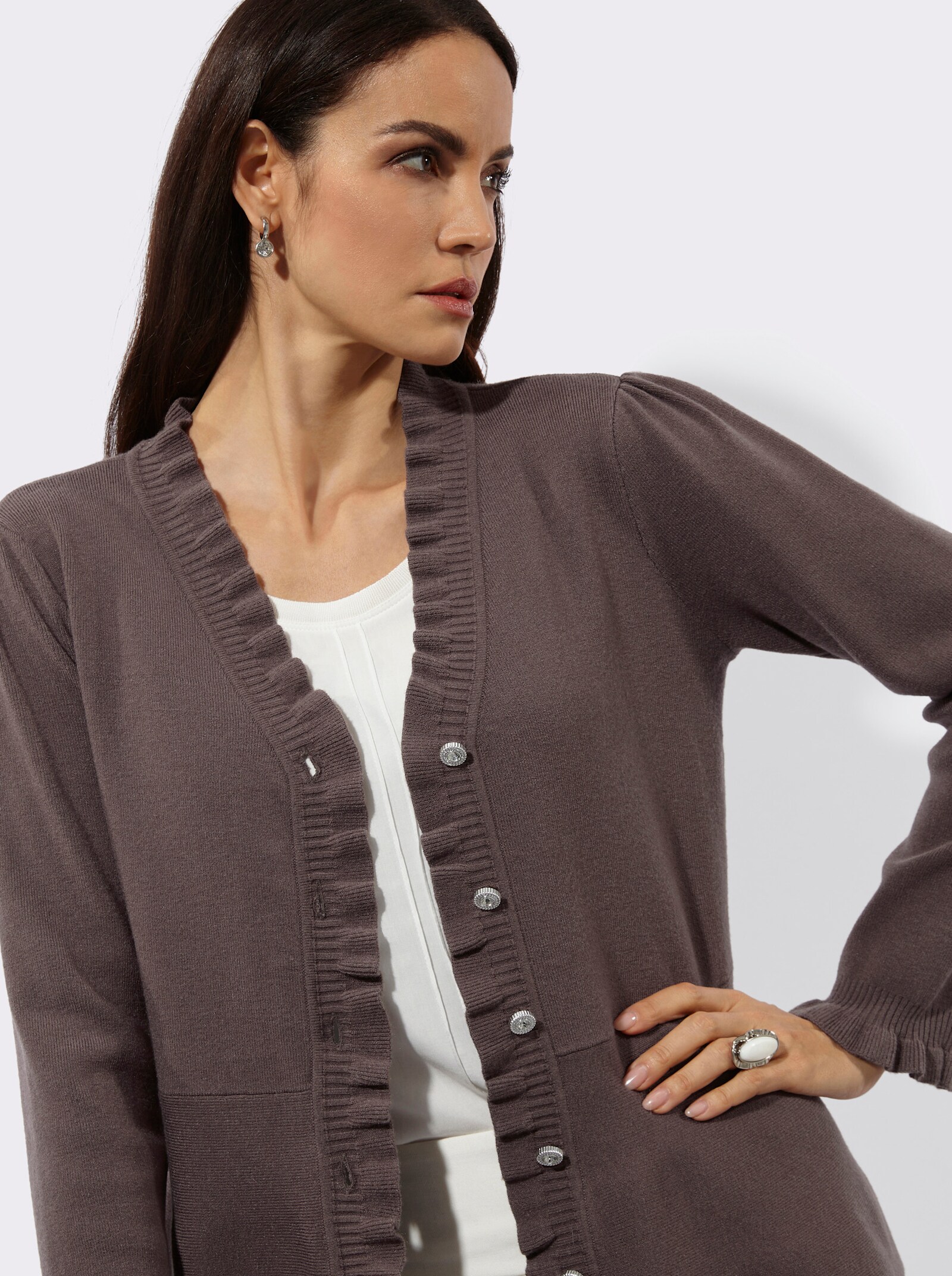 Strickjacke mit Schößchen - dunkeltaupe