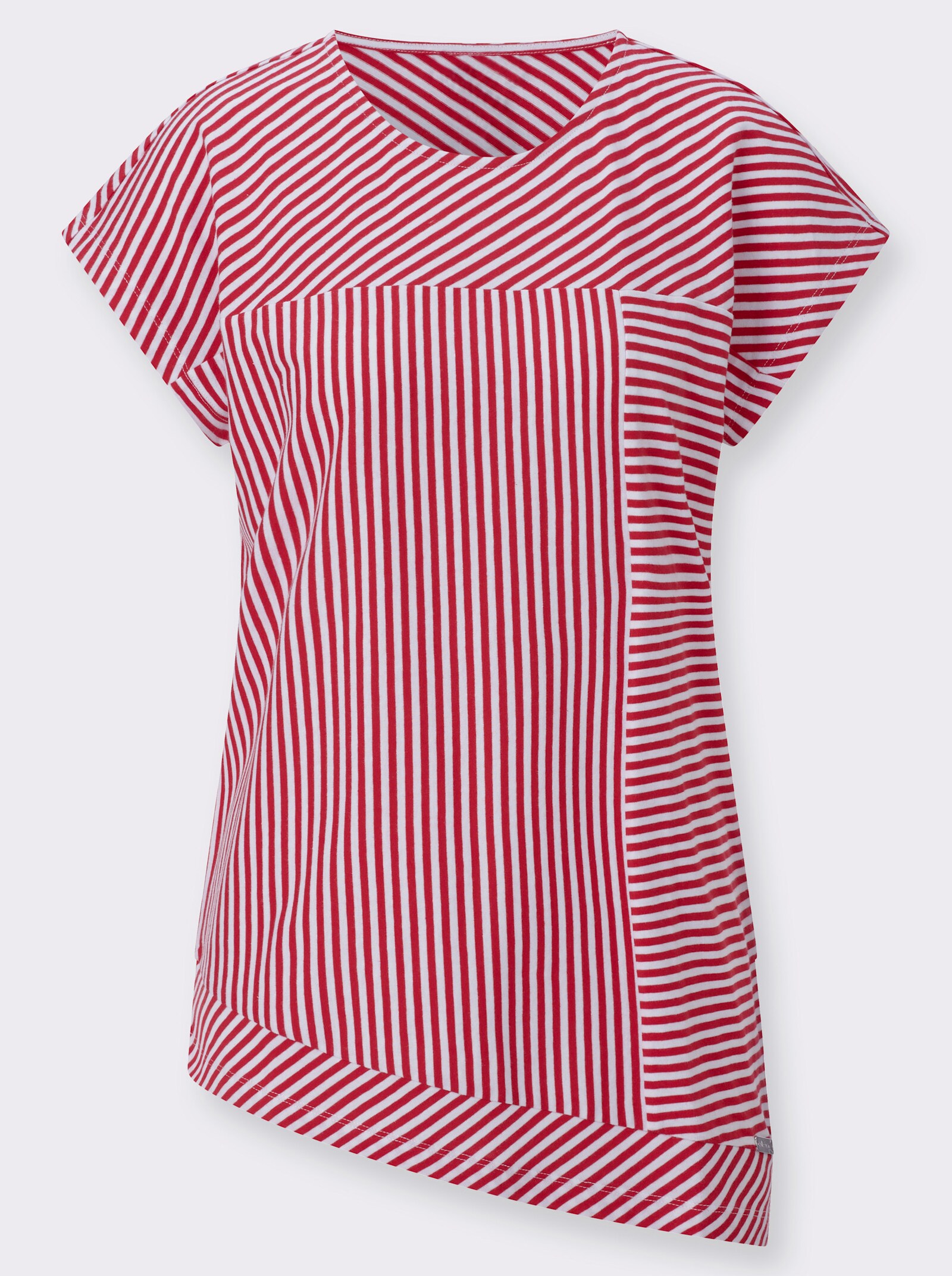 Rundhalsshirt mit asymmetrischem Saum - erdbeere-weiß-geringelt