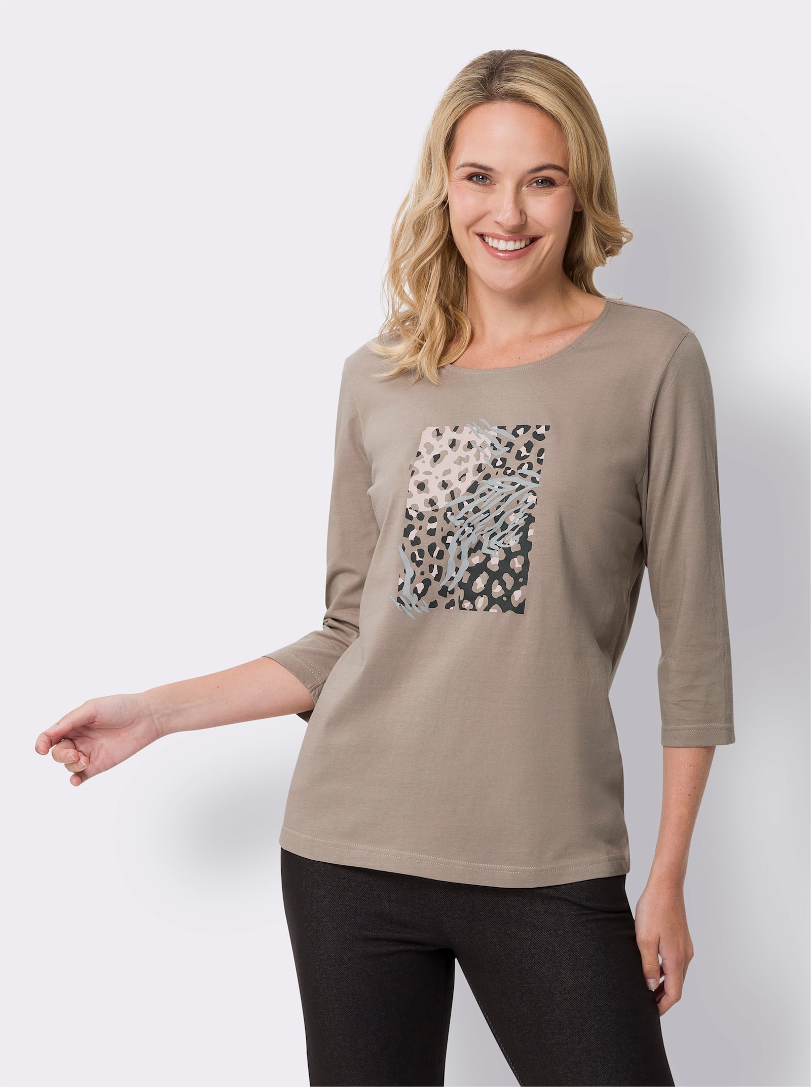 Shirt met ronde hals en op dessin geplaatste luipaardprint - sesam/grafiet bedrukt