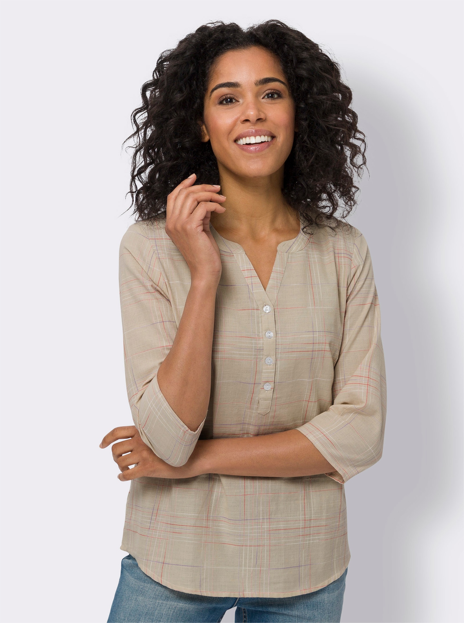 Navlékací halenka s kostkovaným vzorem z barvené příze - písková-korálová-kostka