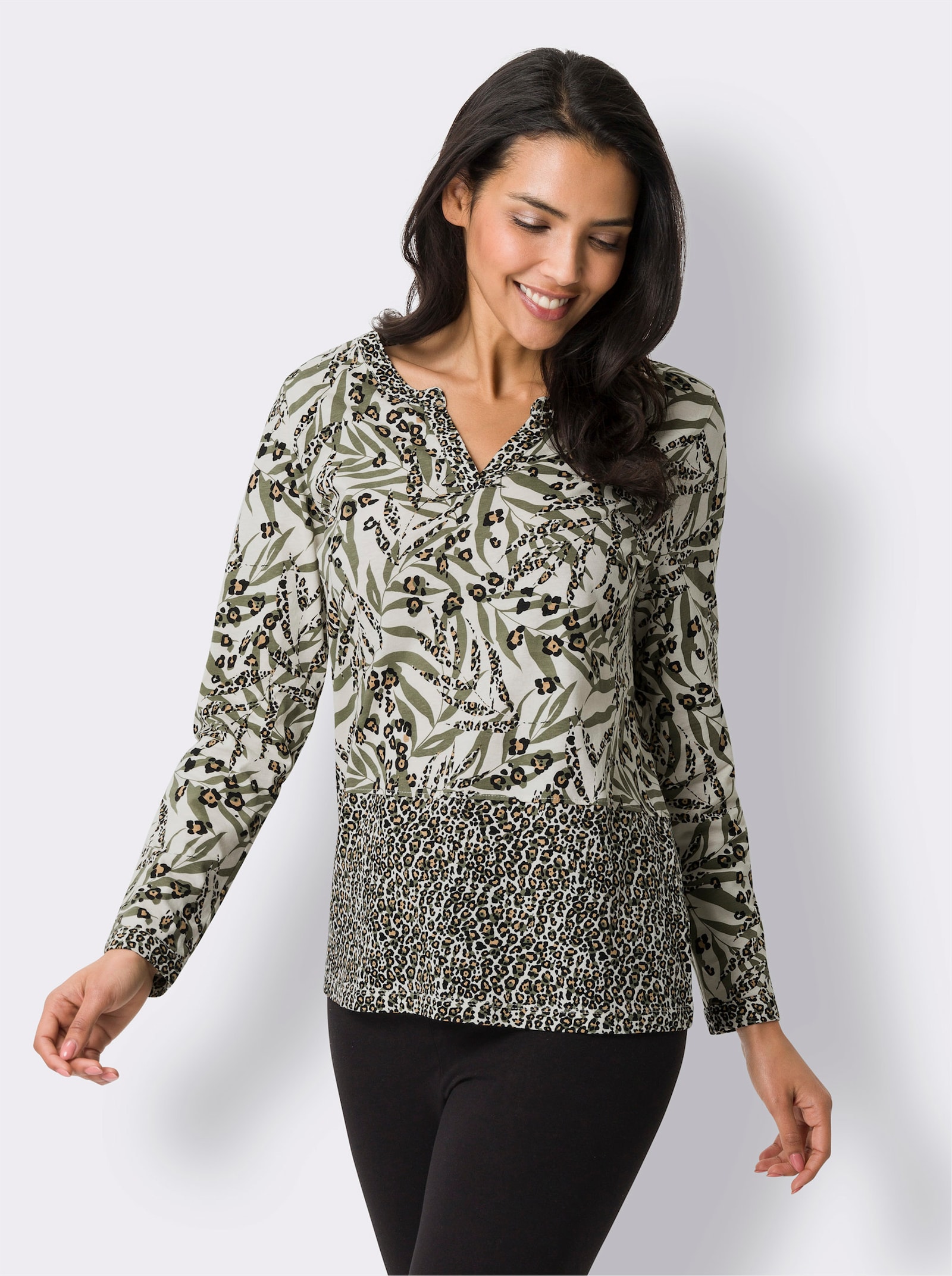 Langarmshirt mit Leo-Print - champagner-khaki-bedruckt