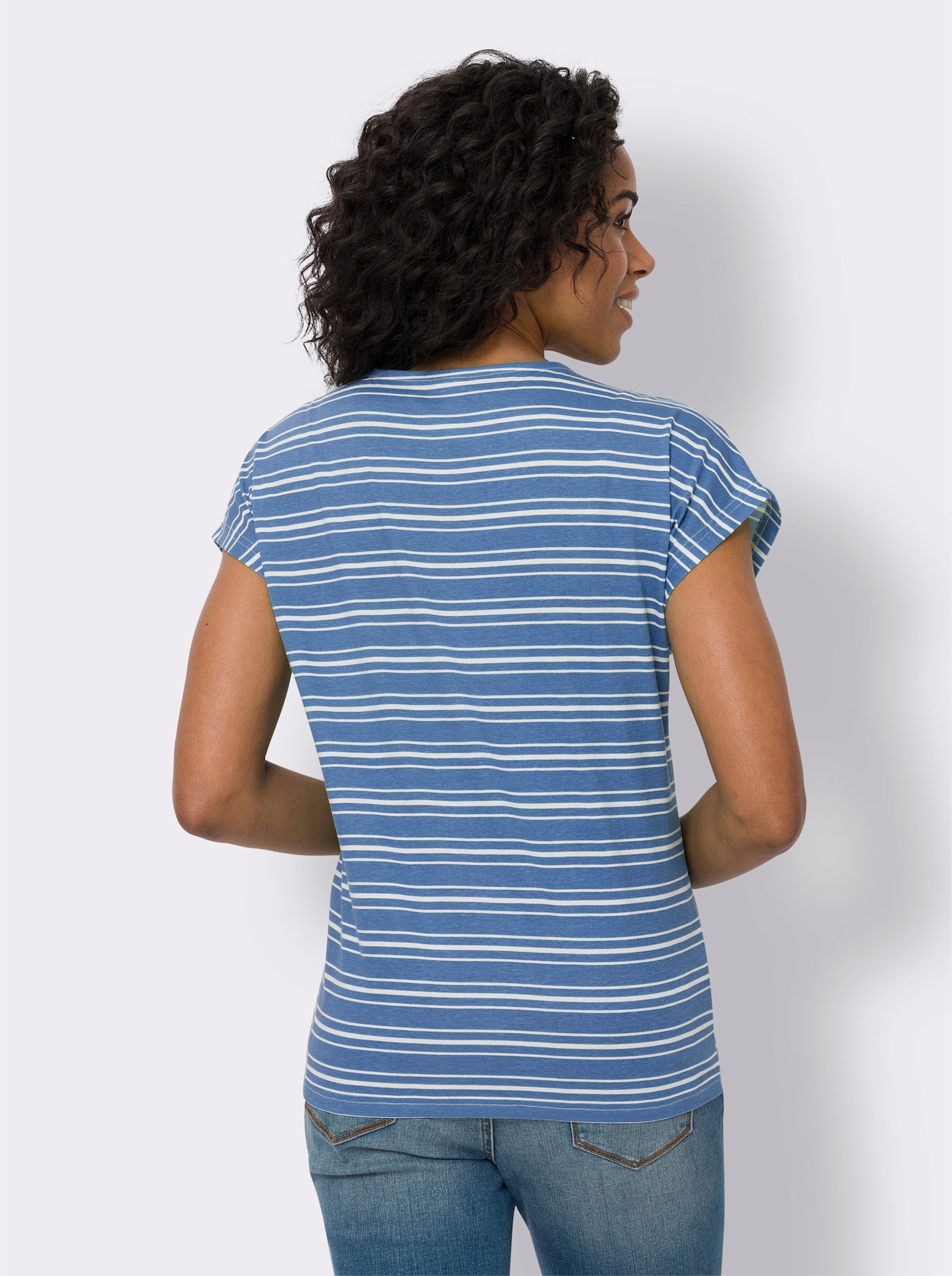 Rundhalsshirt im Ringel-Dessin - mittelblau-ecru-geringelt