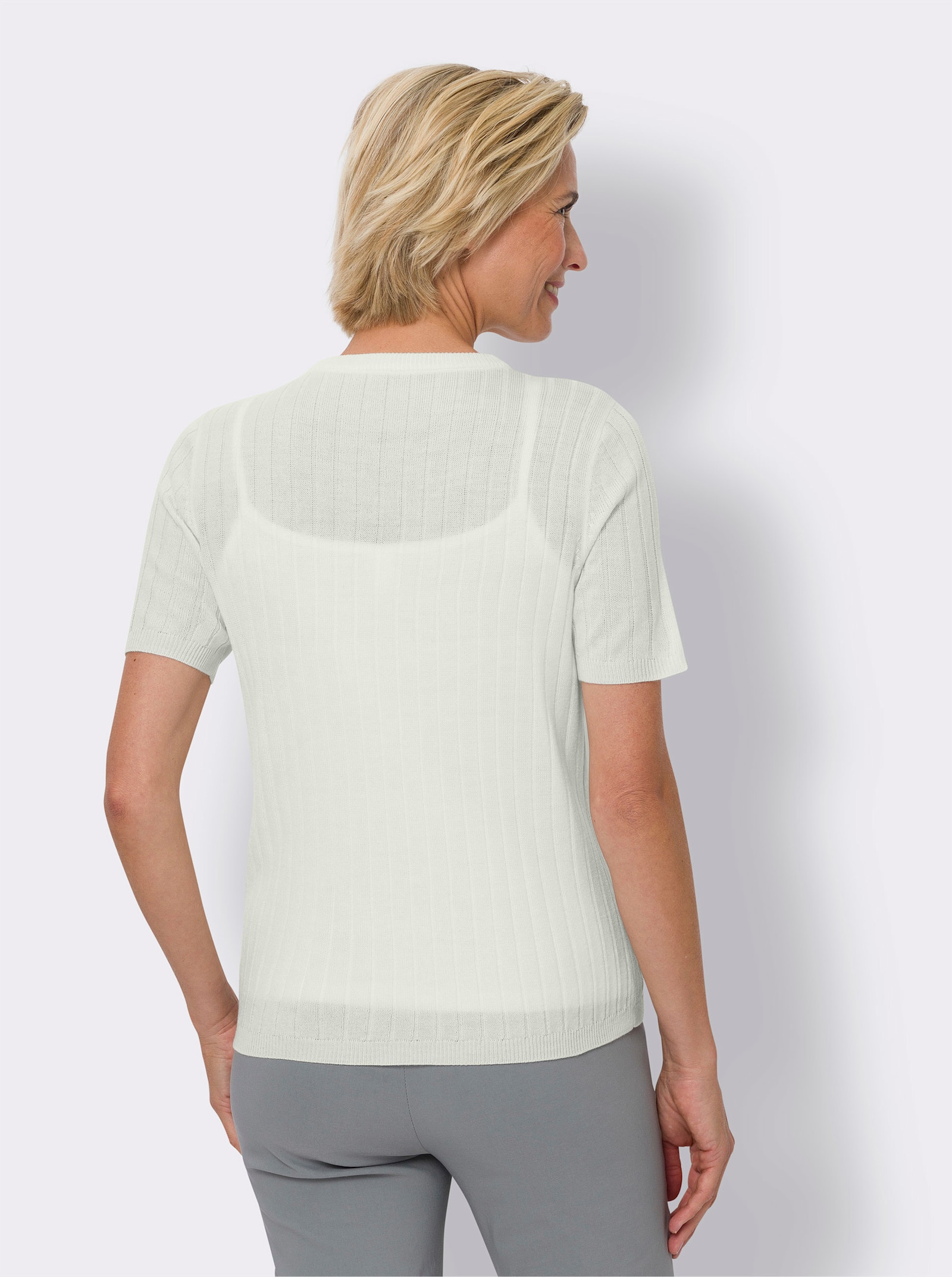 Kurzarmpullover allover mit Ripp-Muster - ecru