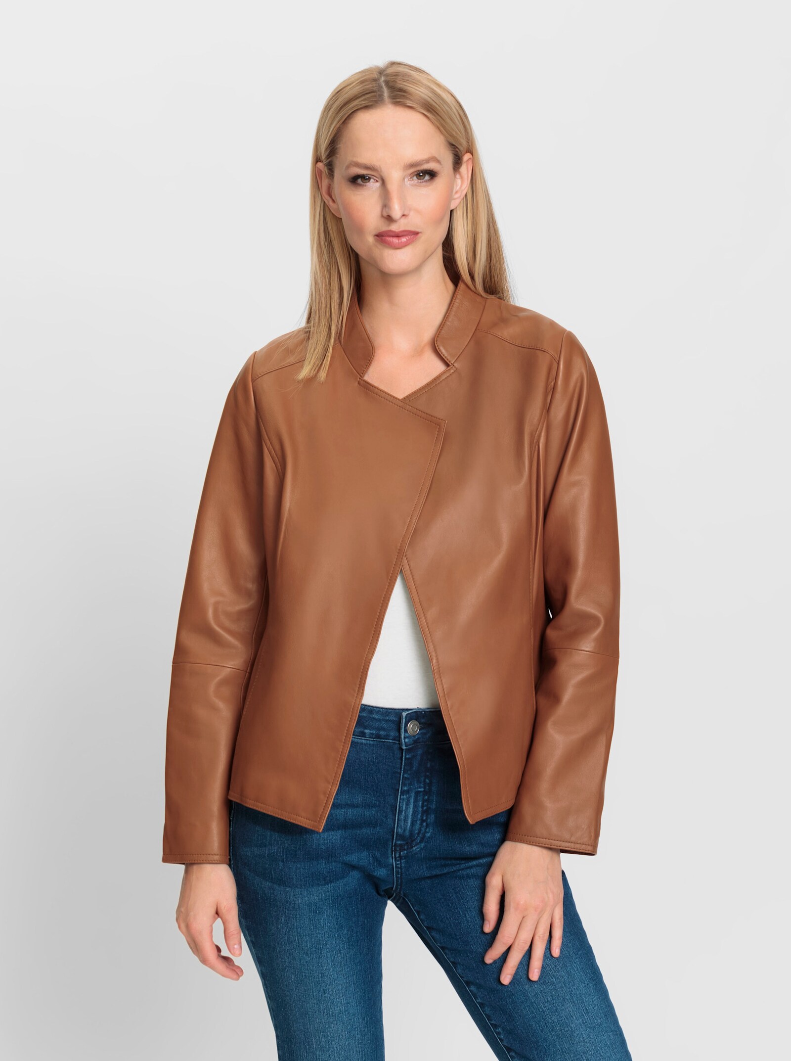 heine Lederjacke mit Nahttaschen, glänzend - cognac