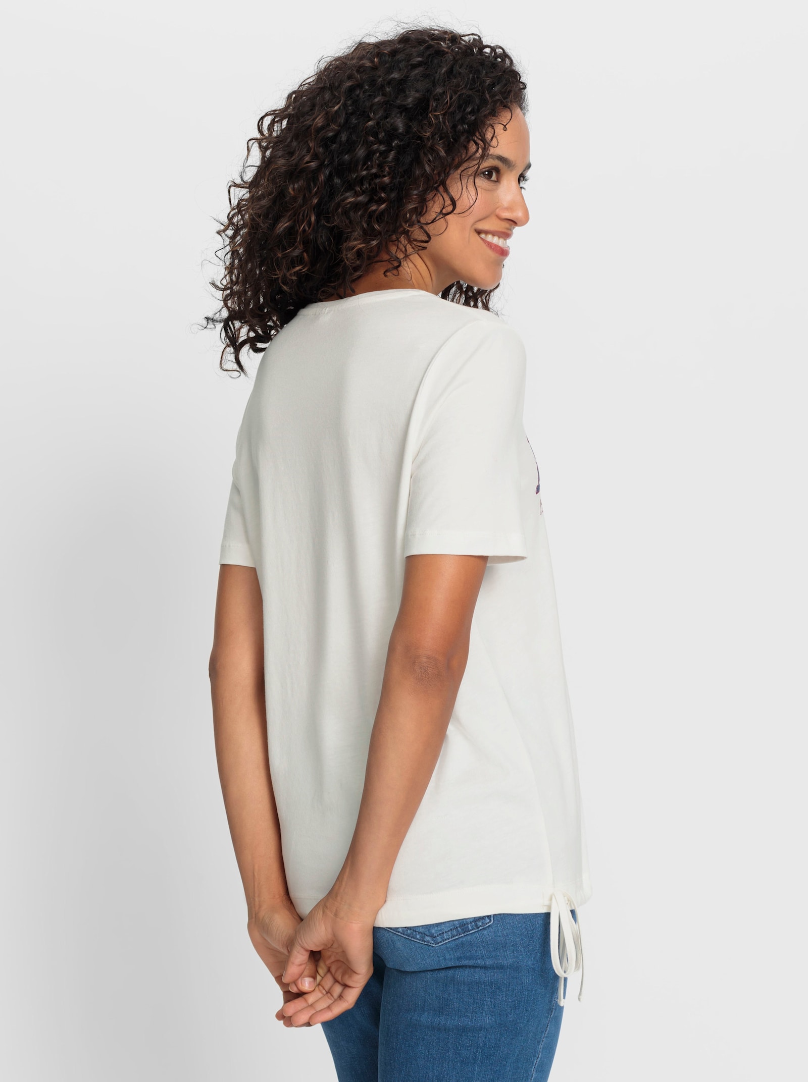 Kurzarmshirt mit Bindeband am Saum - ecru-bedruckt