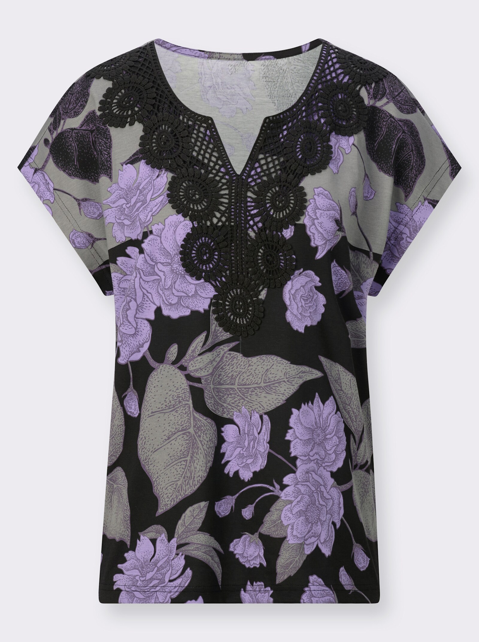Kurzarmshirt mit Spitzen-Einsatz - grau-lavendel-bedruckt