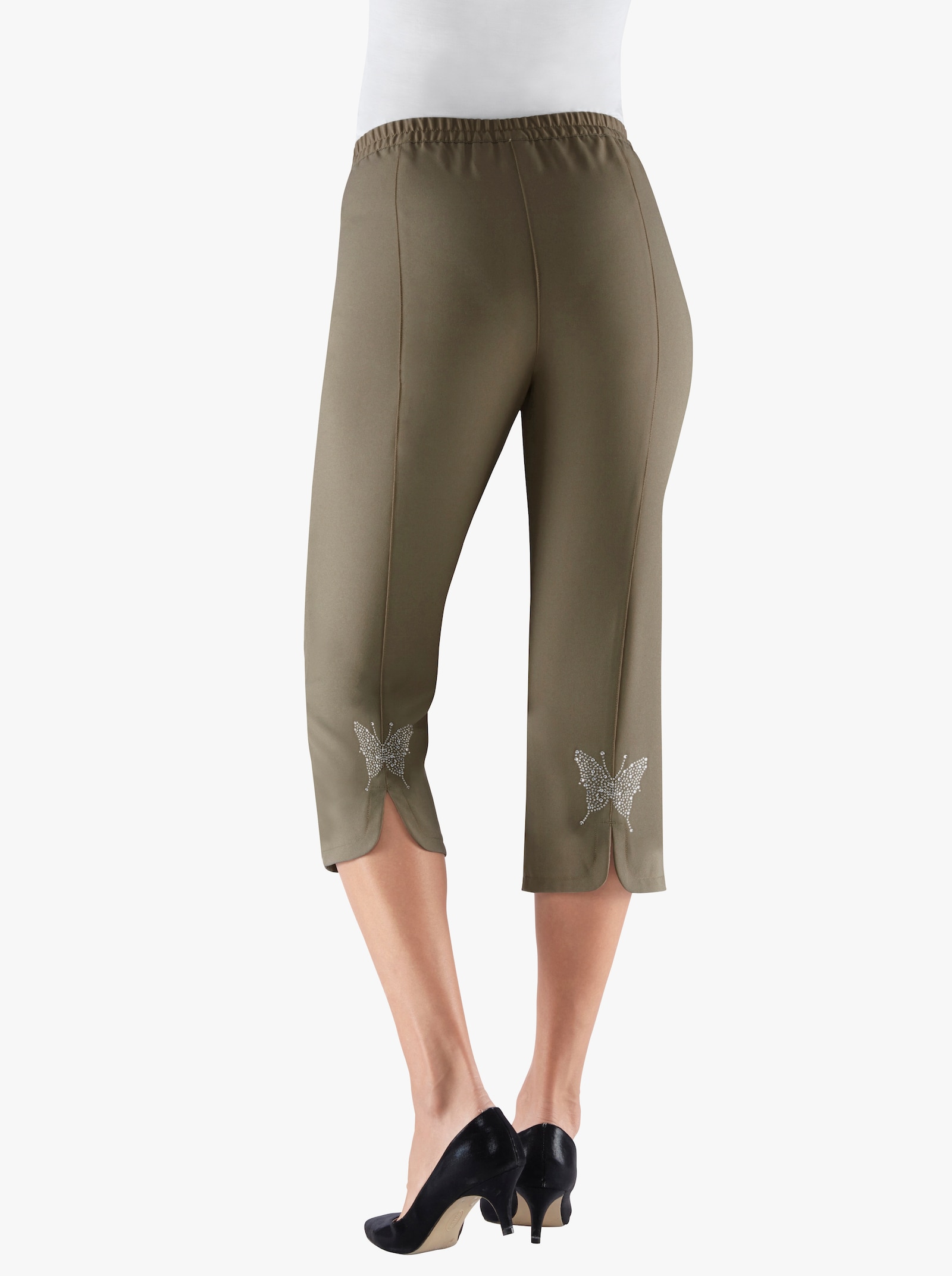 Caprihose mit glitzernder Schmetterlings-Applikation - oliv
