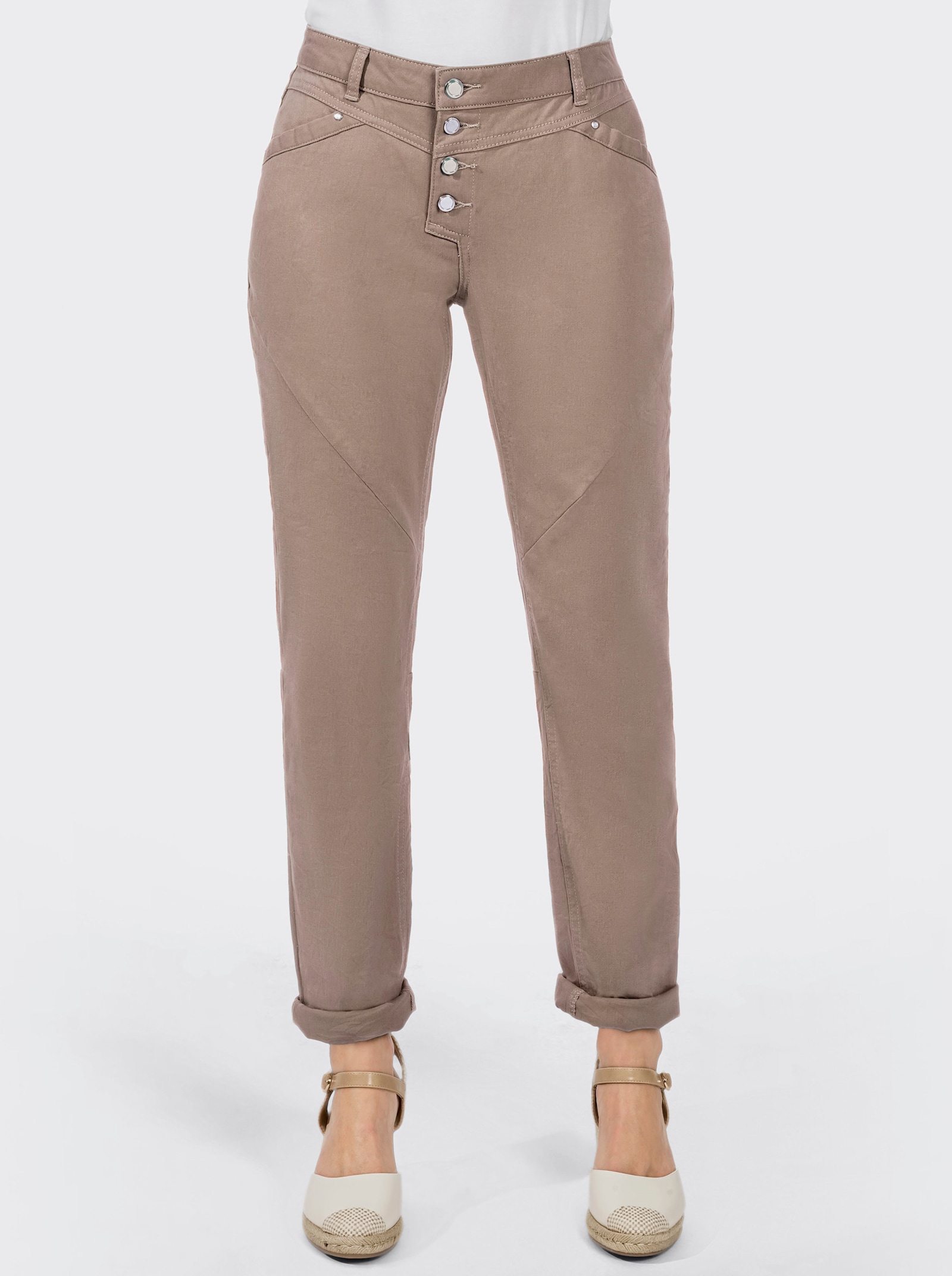 Broek met knoopsluiting in plaats van ritssluiting - taupe