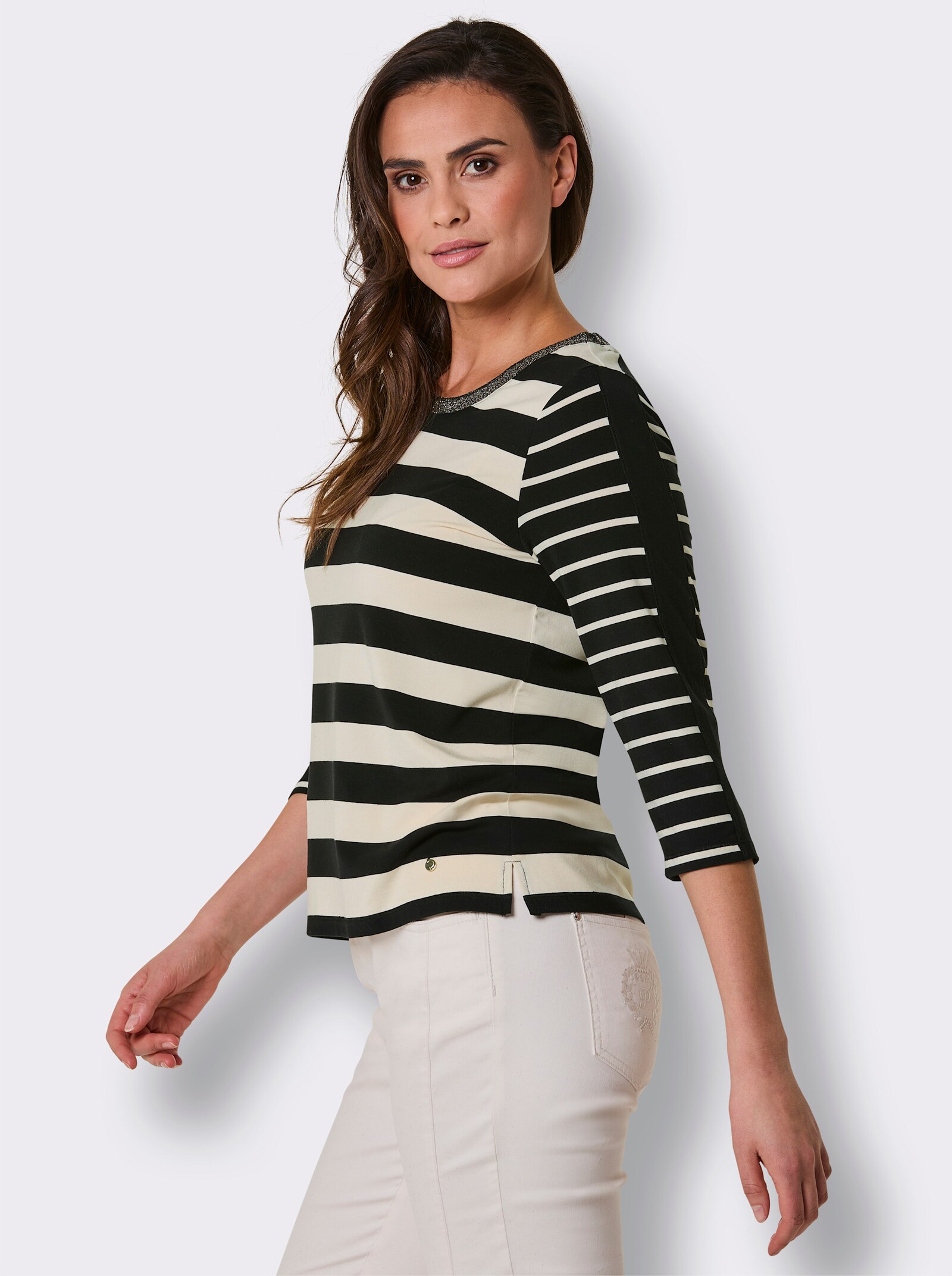 CREATION L PREMIUM Ringelshirt mit Glanzgarn - schwarz-elfenbein-gestreift