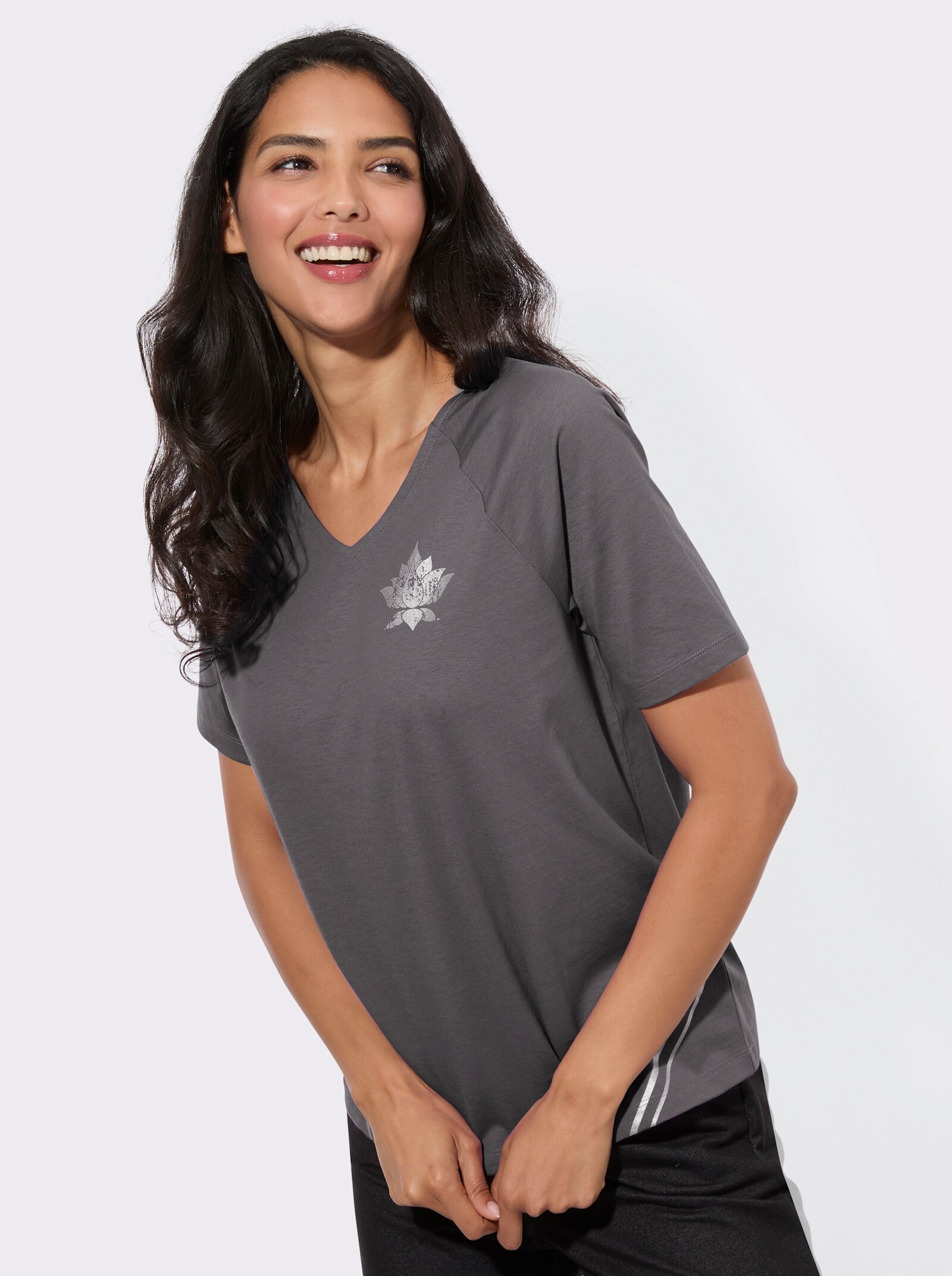 Kurzarmshirt mit Foliendruck - anthrazit