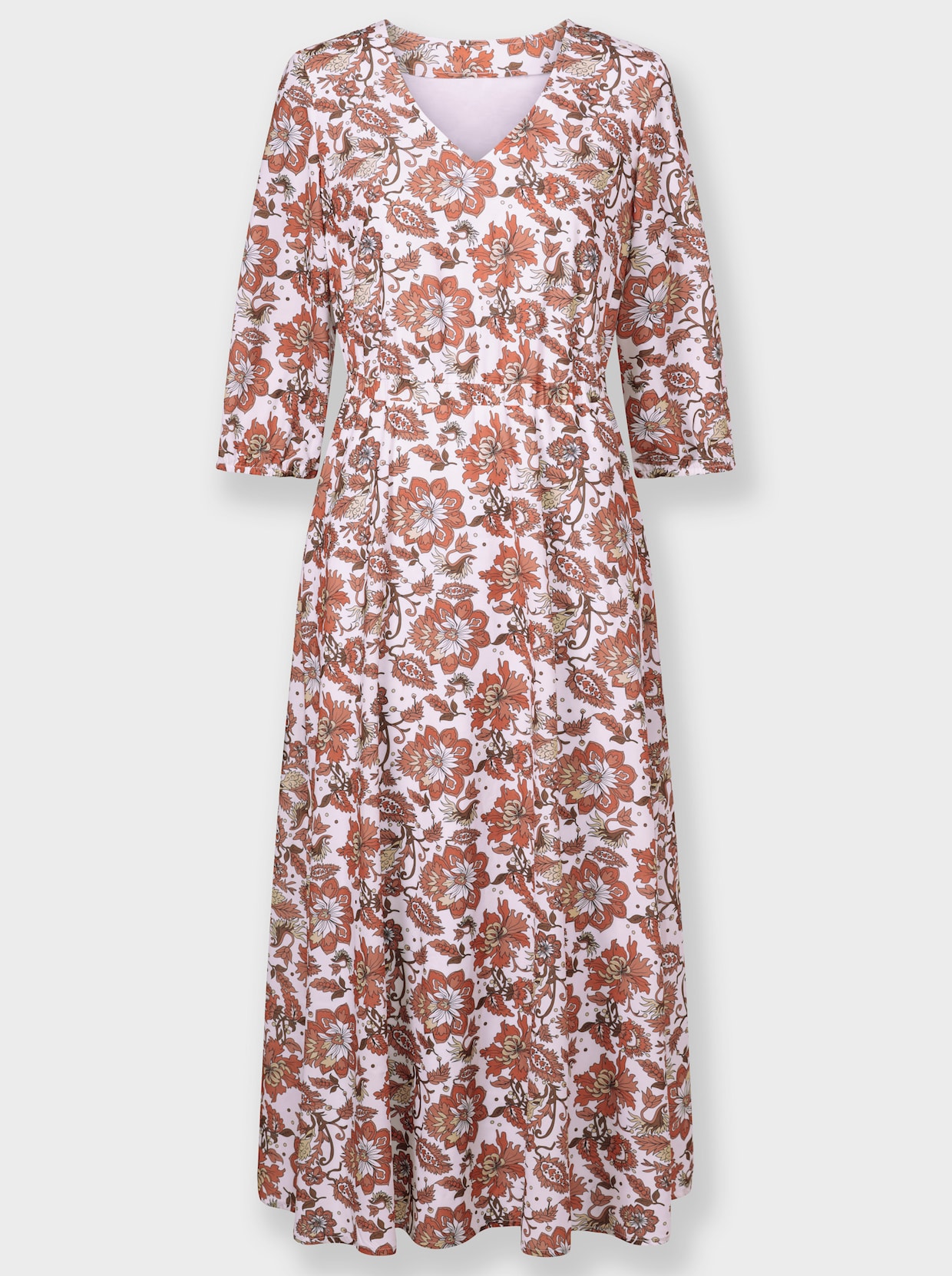 Druckkleid in Maxi-Länge - weiß-papaya-gemustert