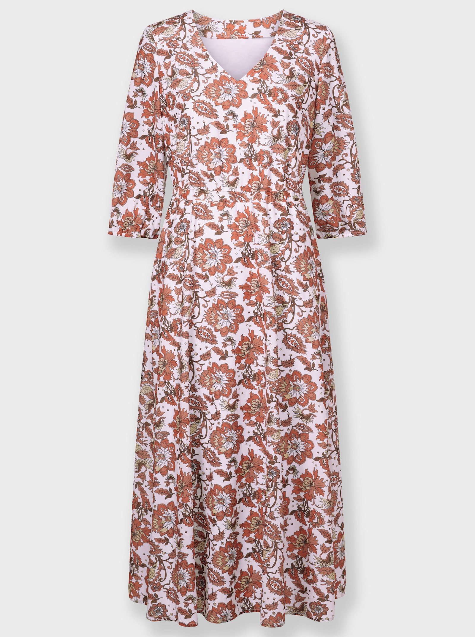 Druckkleid in Maxi-Länge - weiß-papaya-gemustert