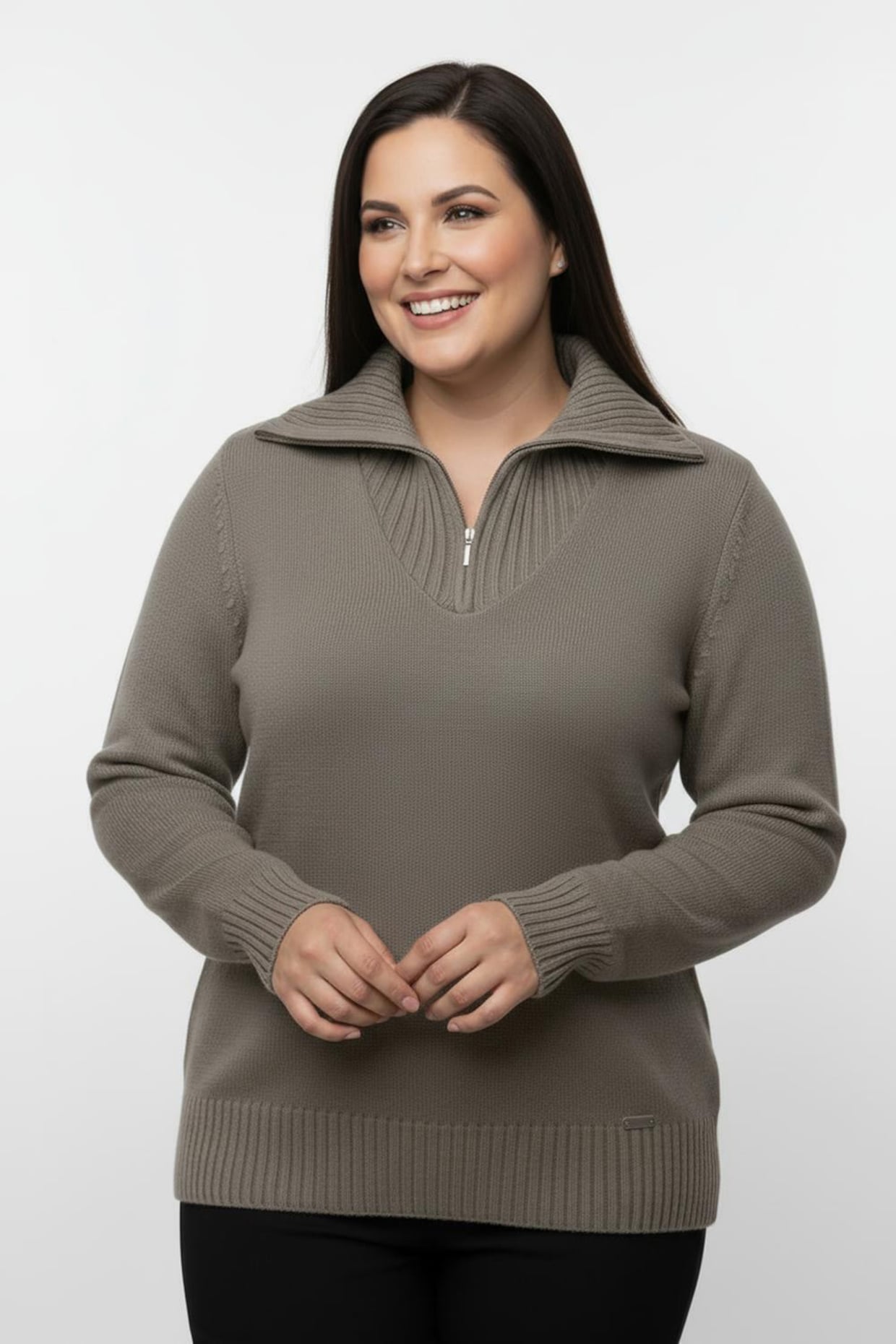 Troyer mit breiten Rippabschlüssen - taupe-meliert