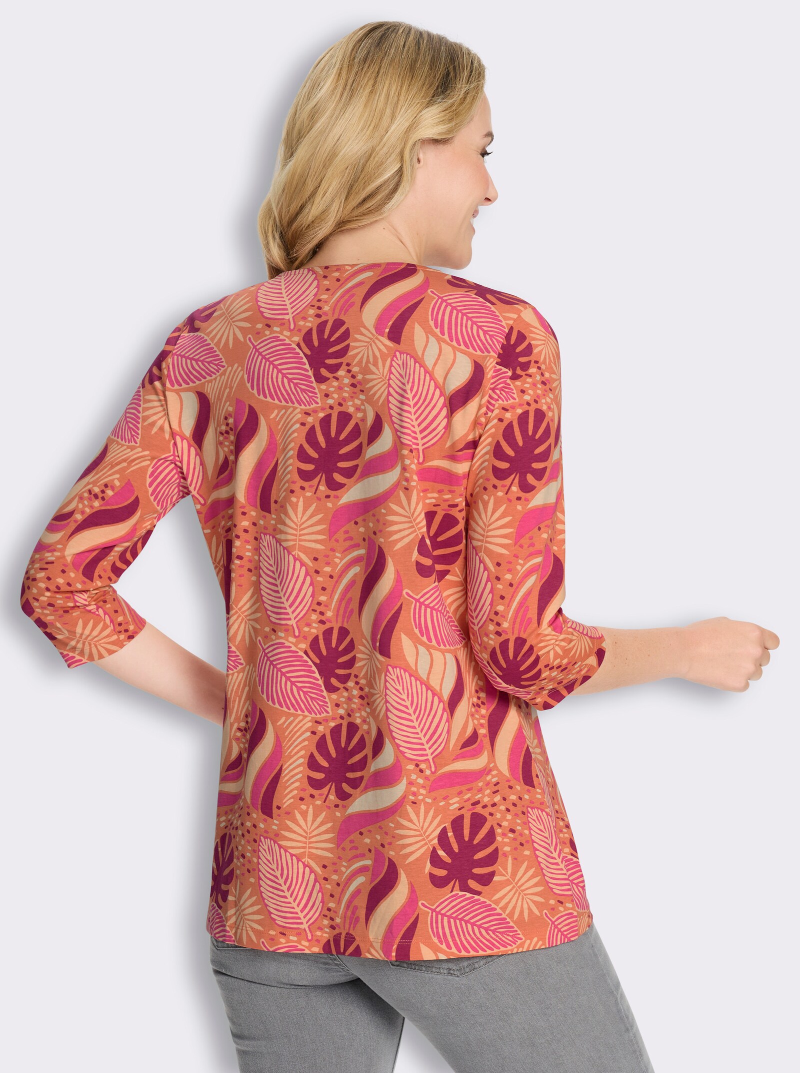 Longshirt in ausgestellter A-Linie - apricot-malve-bedruckt