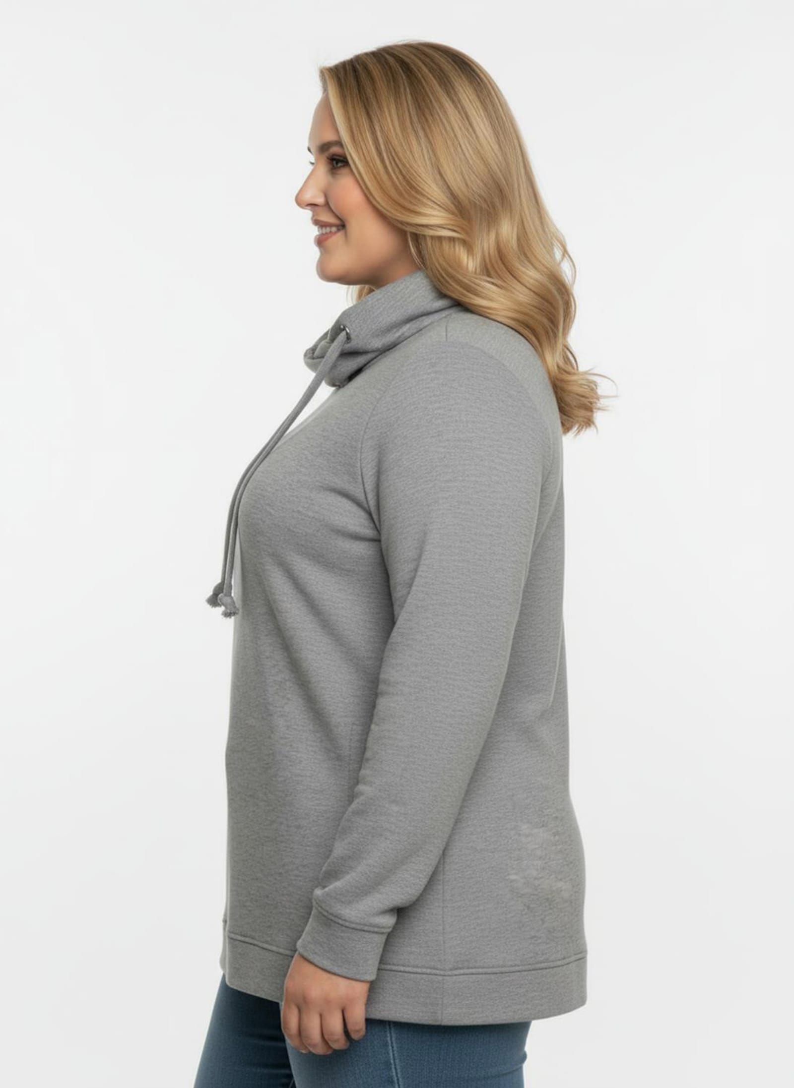 Sweatshirt mit halsfernem Rollkragen - grau-meliert