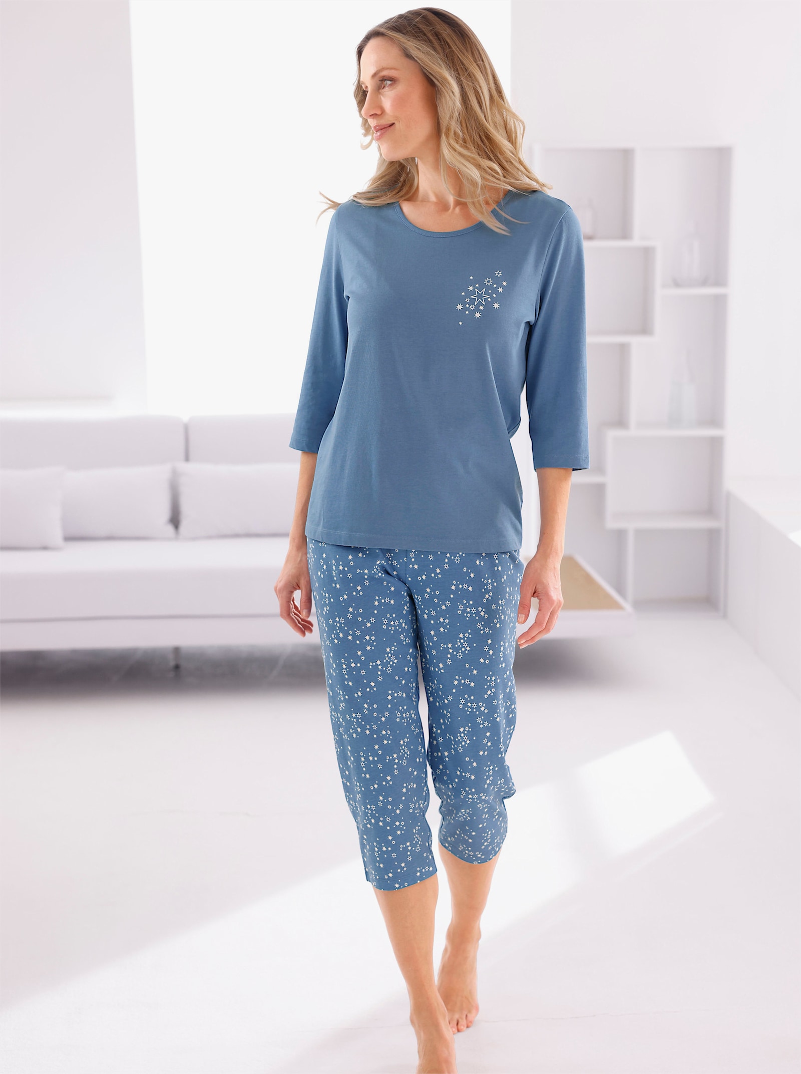 wäschepur Schlafanzüge mit 3/4-Arm und -Hose - mittelblau-ecru + erika-ecru