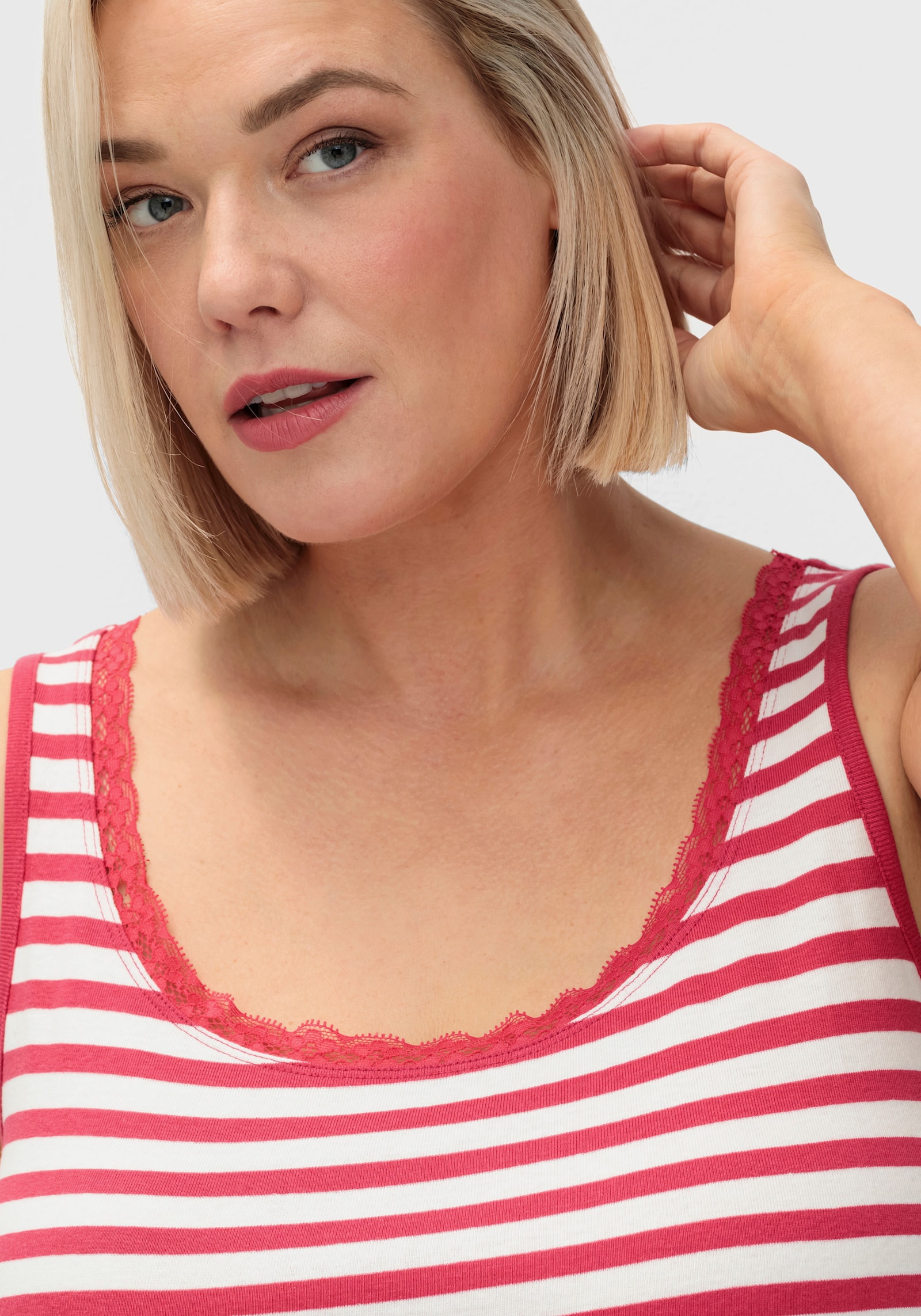 sheego Tanktop mit Ringeln und Spitzenkante. - sorbet pink-ecru