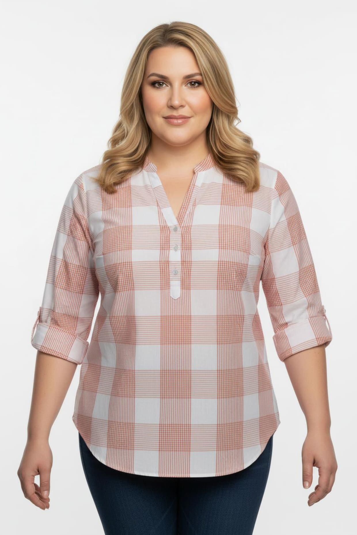 Baumwollbluse mit Stehkragen, kariert - lachs-weiß-kariert