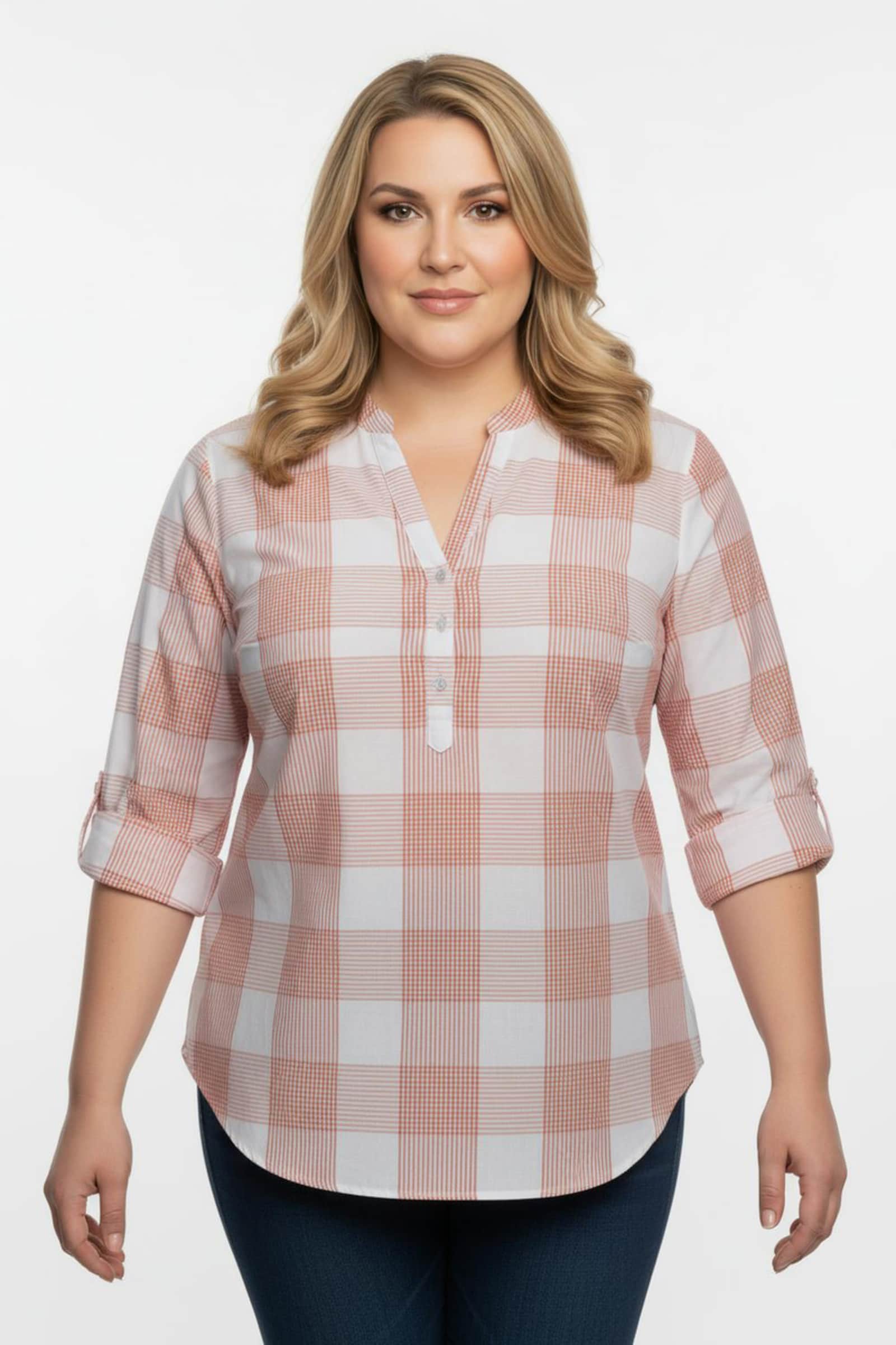 Baumwollbluse mit Stehkragen, kariert - lachs-weiß-kariert