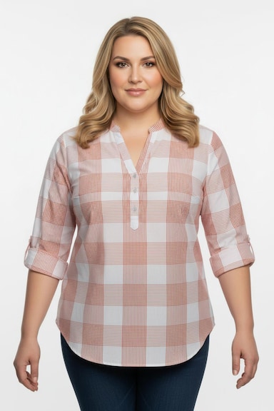 Baumwollbluse mit Stehkragen, kariert - lachs-weiß-kariert