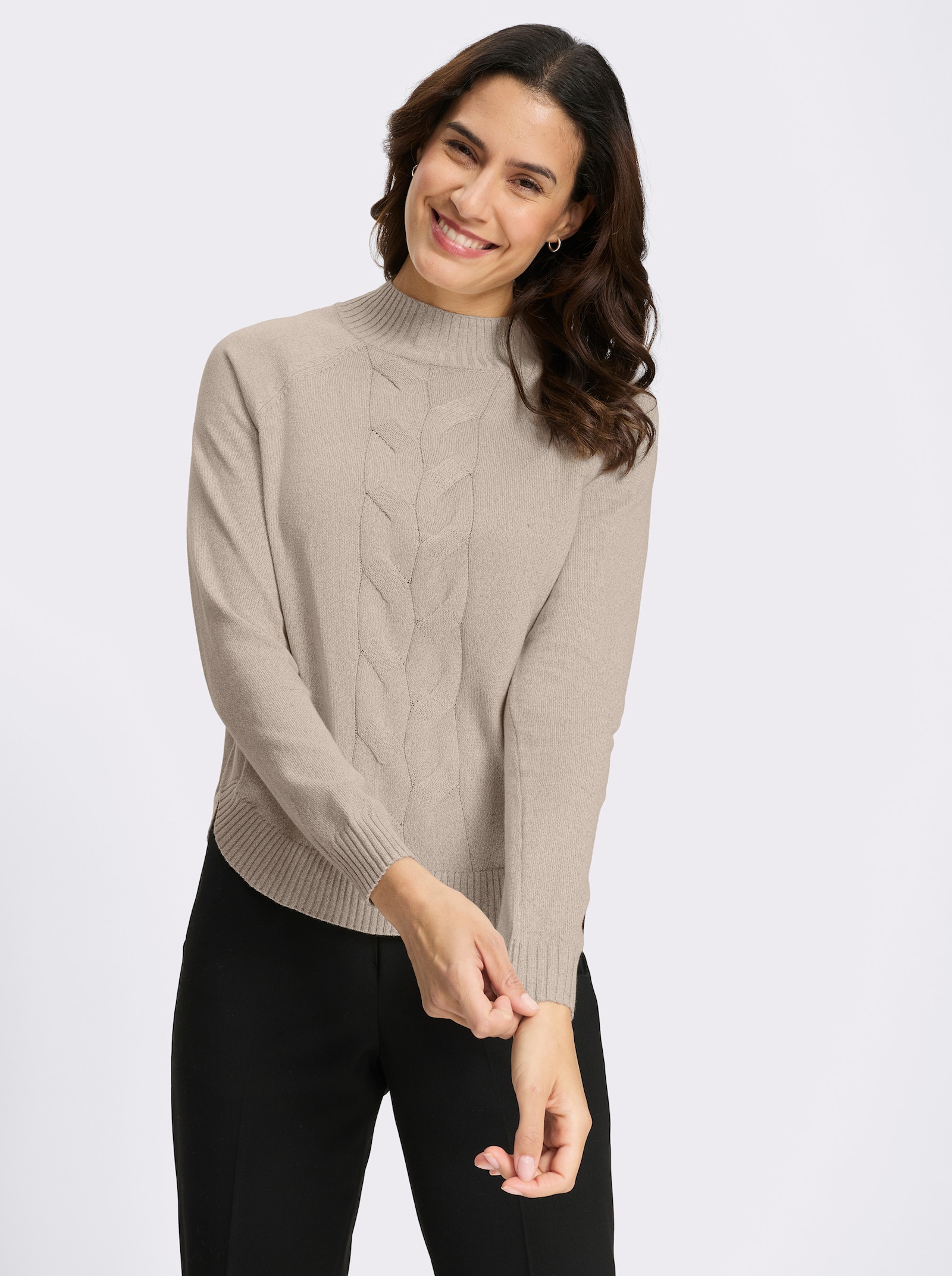 Stehkragenpullover mit Zopfmuster - beige-ecru-meliert