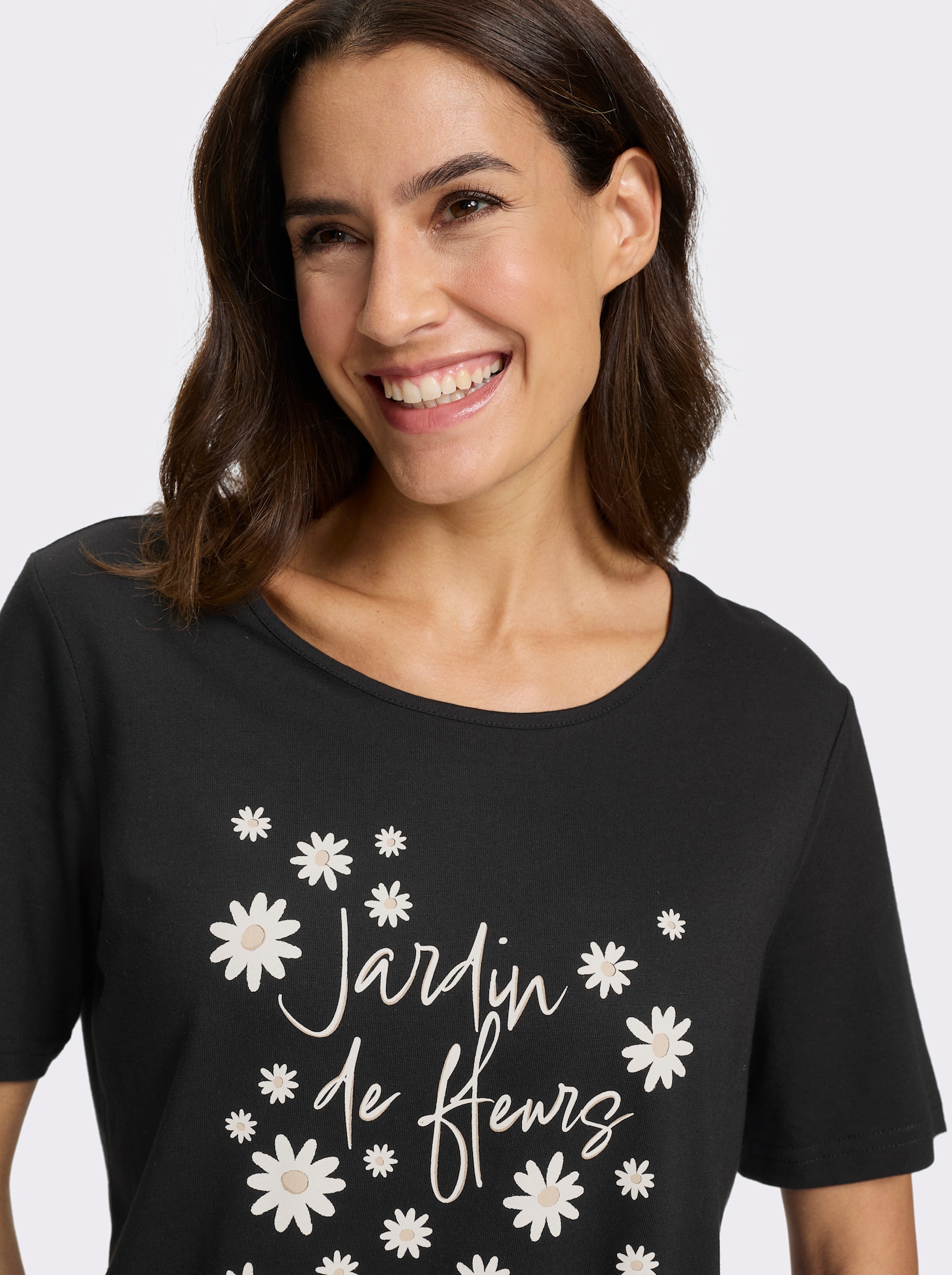 Kurzarmshirt mit Blüten und Schriftzug - schwarz-ecru