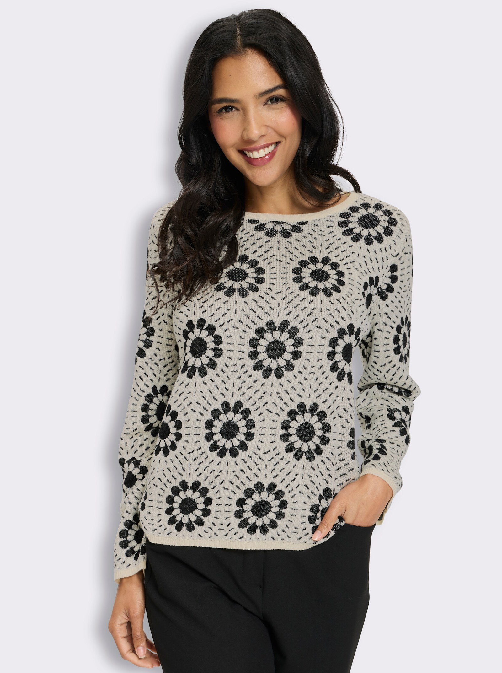Jacquard-Pullover mit Blumen-Muster - champagner-schwarz-gemustert