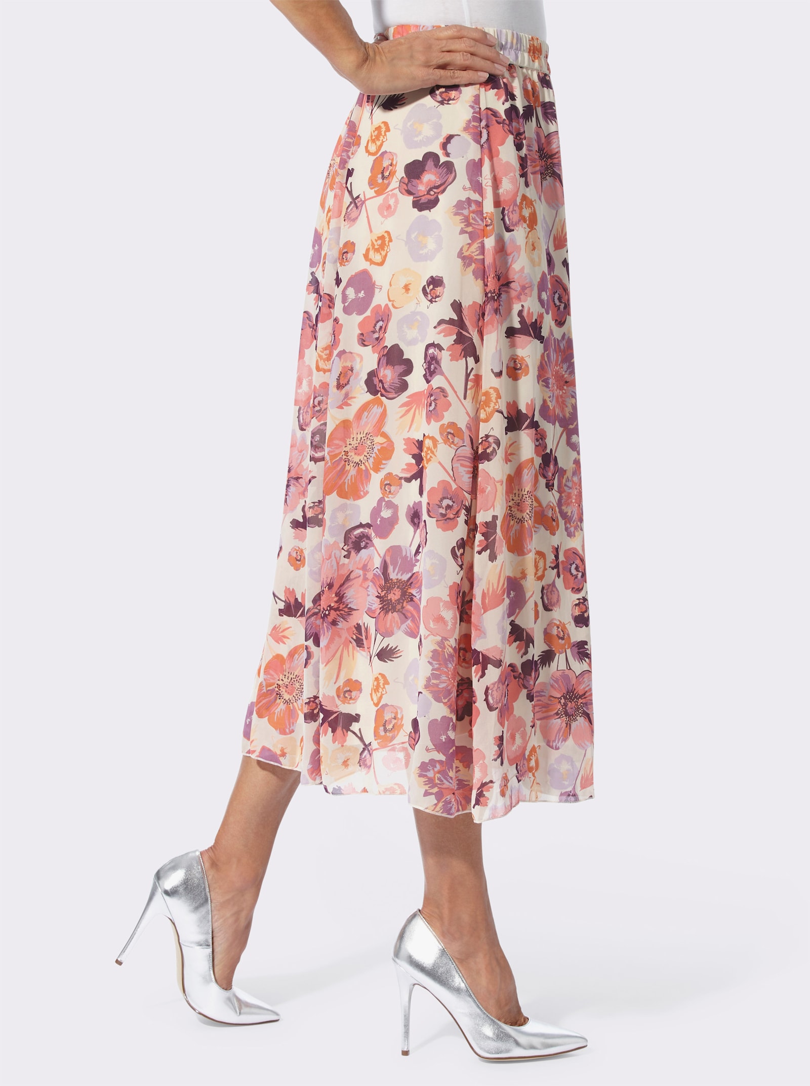 Comfortrok met bloemenpatroon - ivoor/flamingo bedrukt