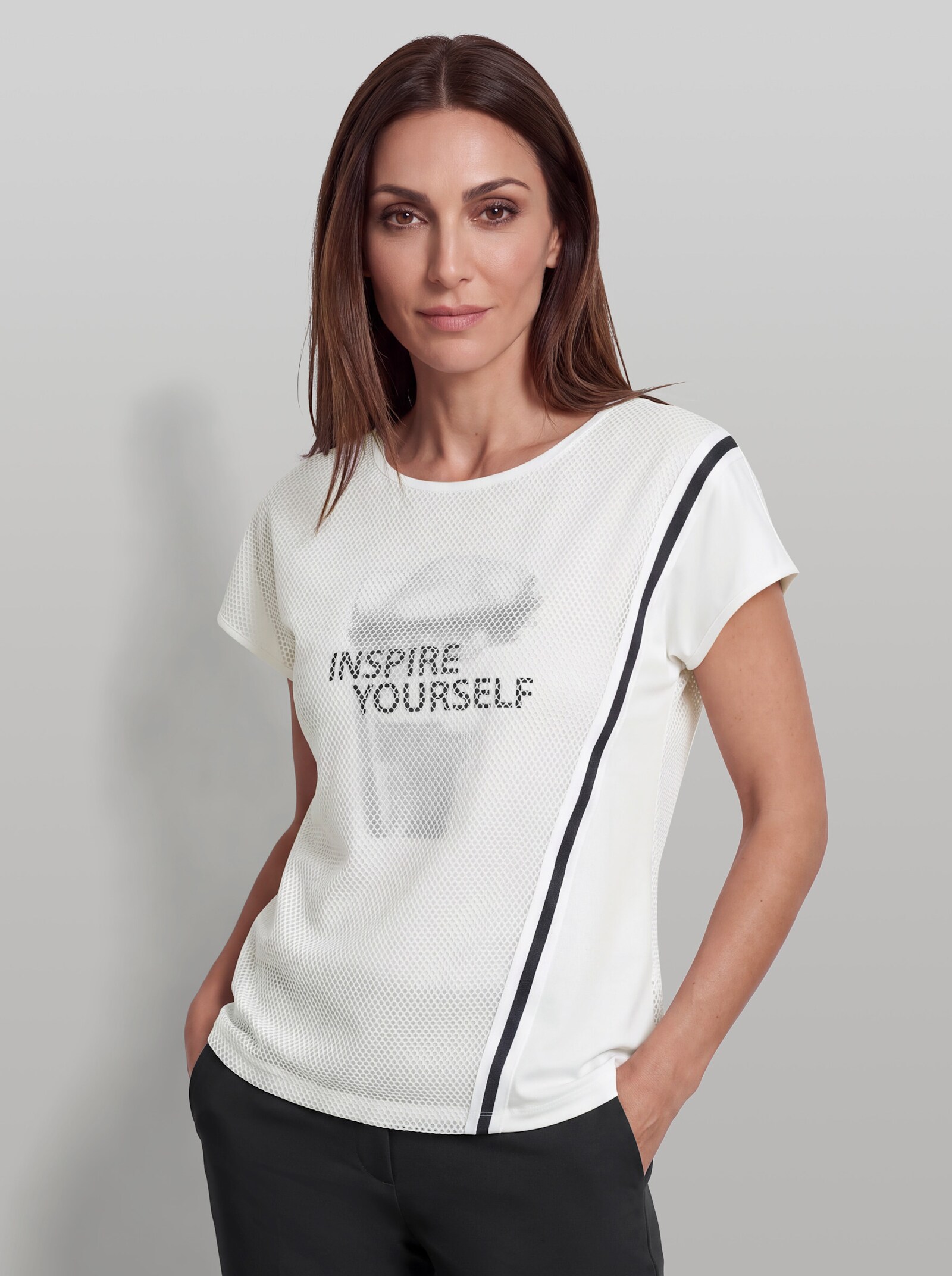heine Kurzarmshirt mit Mesh-Einsatz - ecru-bedruckt