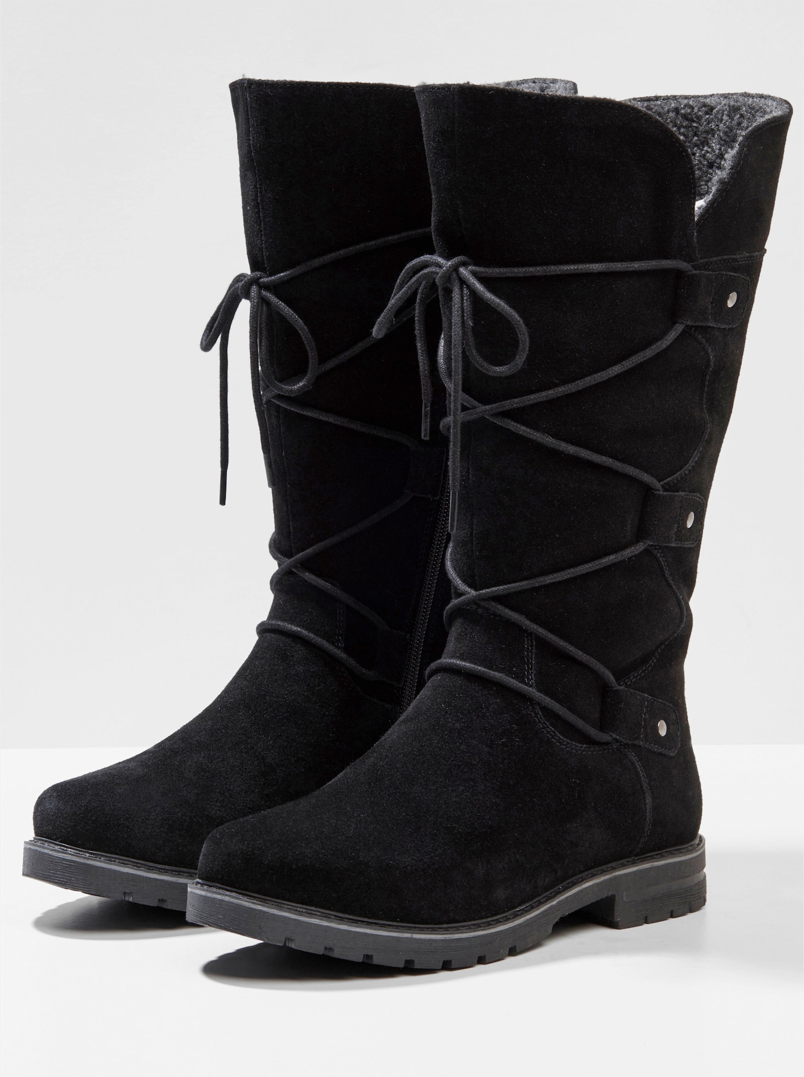 sheego Weitschaftstiefel aus Leder mit Schnürung - schwarz