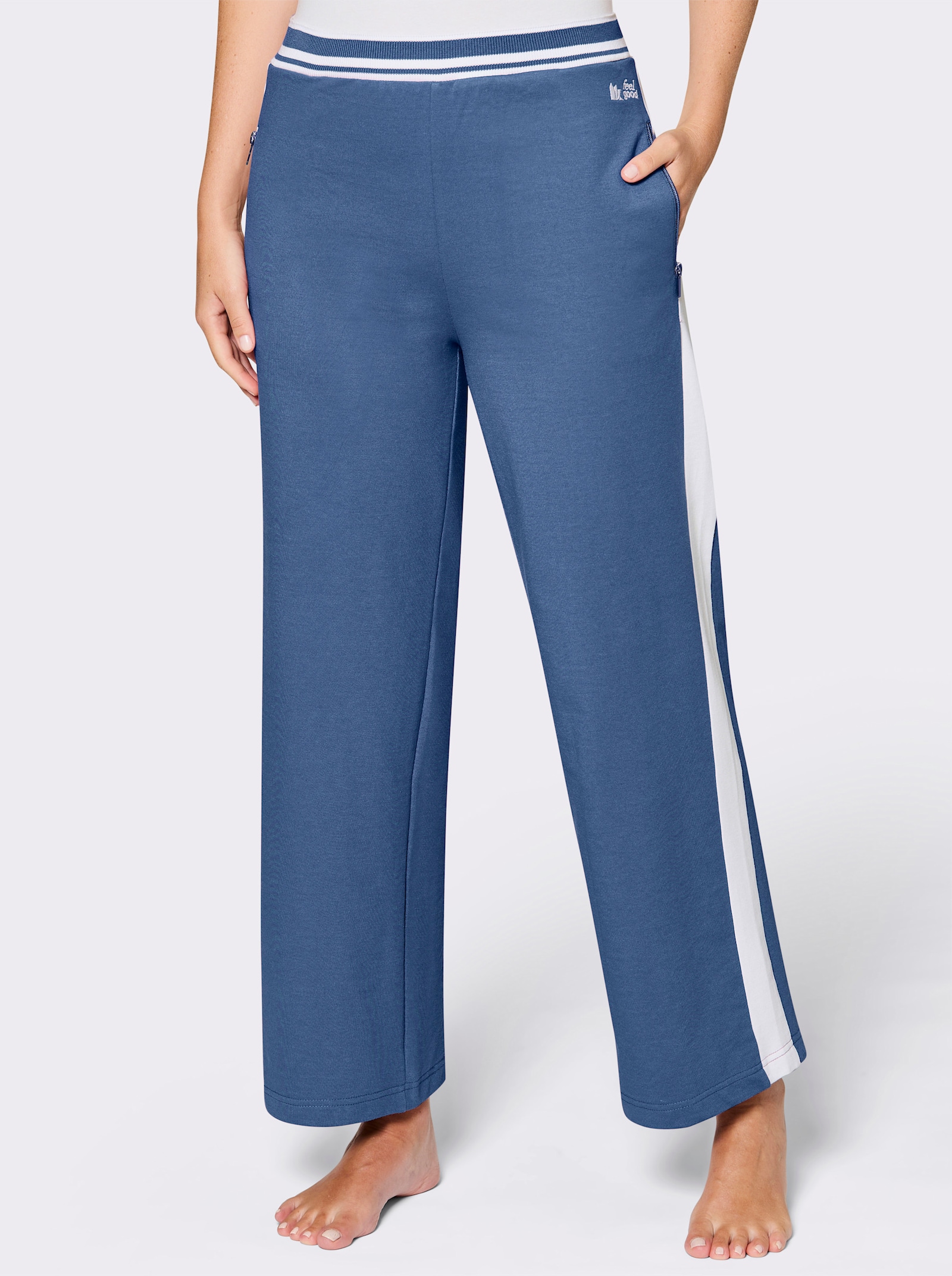 feel good Dehnbund-Hose mit Zippertaschen - mittelblau-weiß