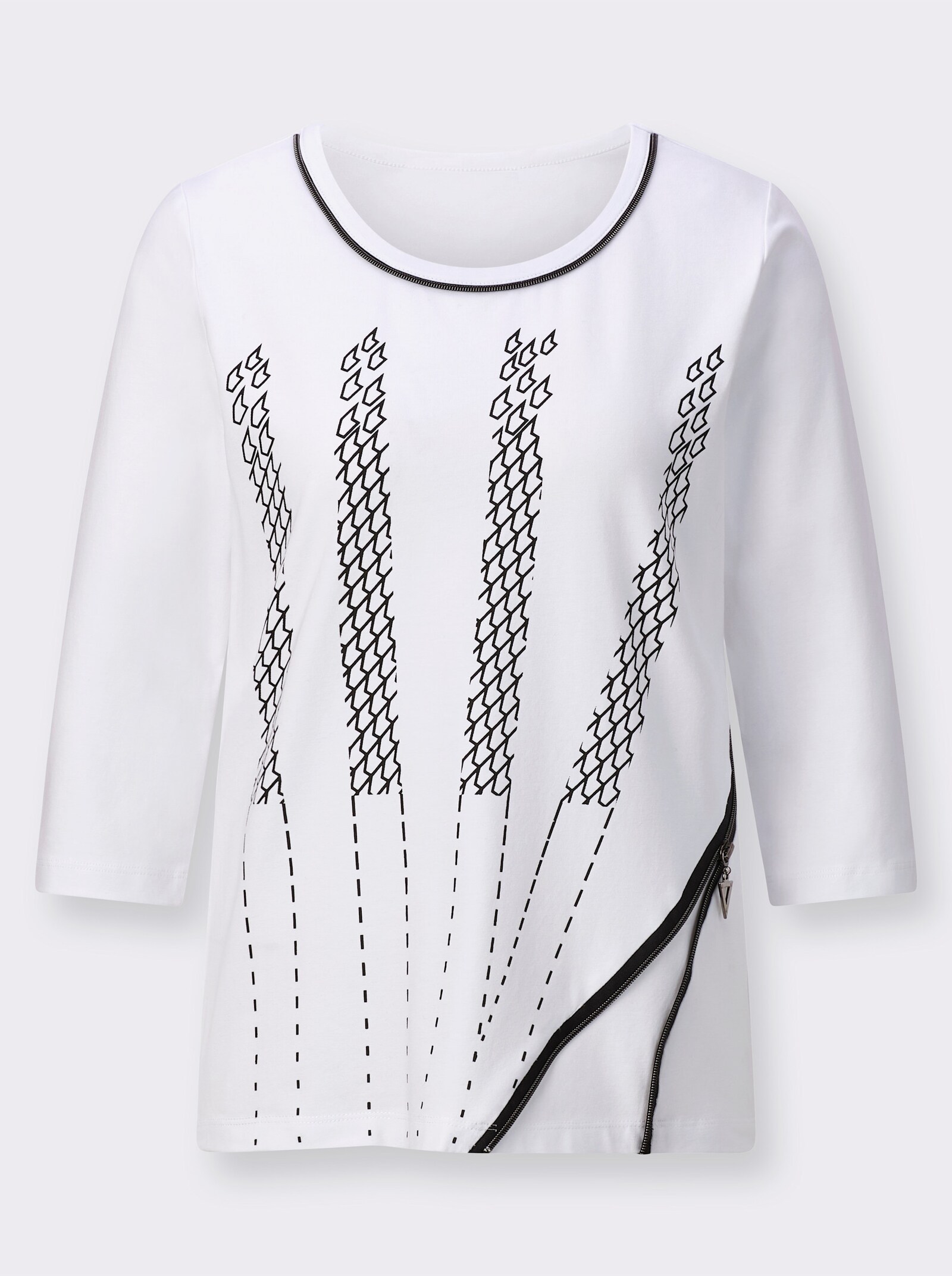 Shirt met 3/4-mouwen en sierritssluiting - wit/zwart