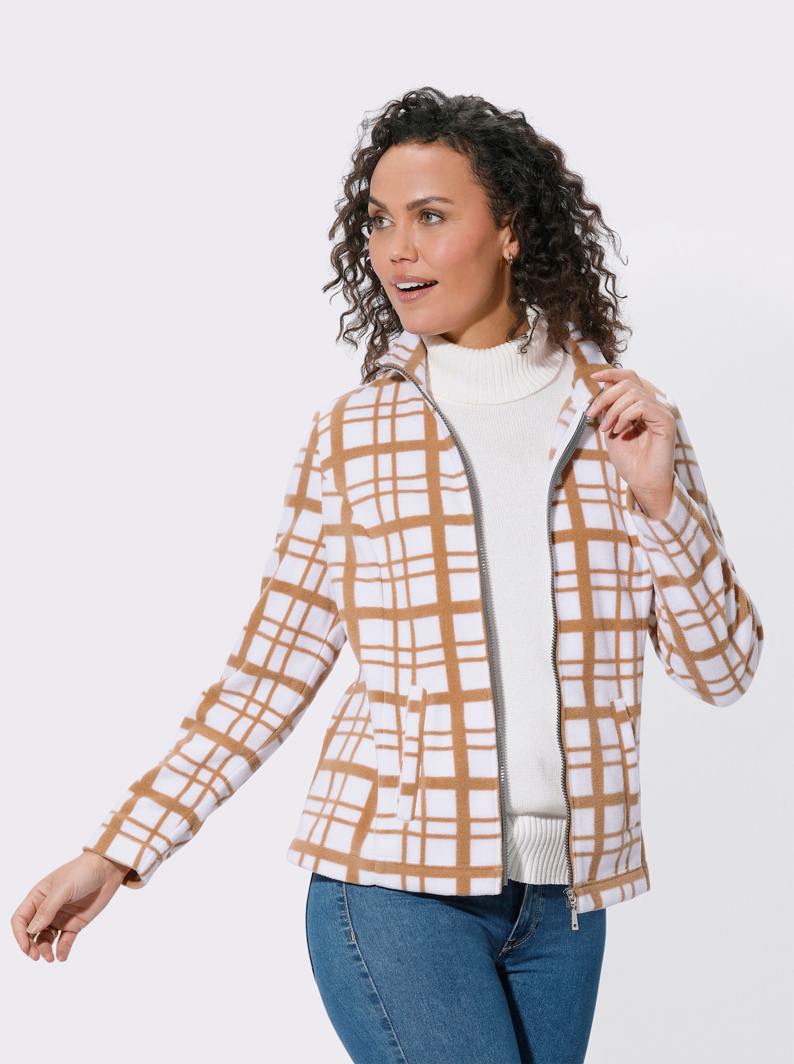 Fleecejack met ruitdessin - ecru/camel bedrukt