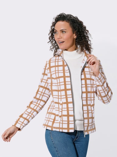 Fleecejacke mit Karo-Dessin - ecru-camel-bedruckt