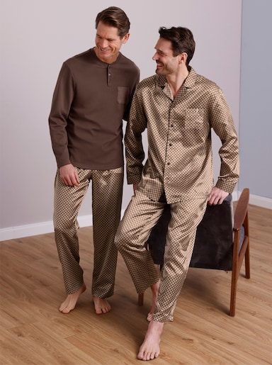 wäschepur men Pyjama - camel-schoko-bedruckt