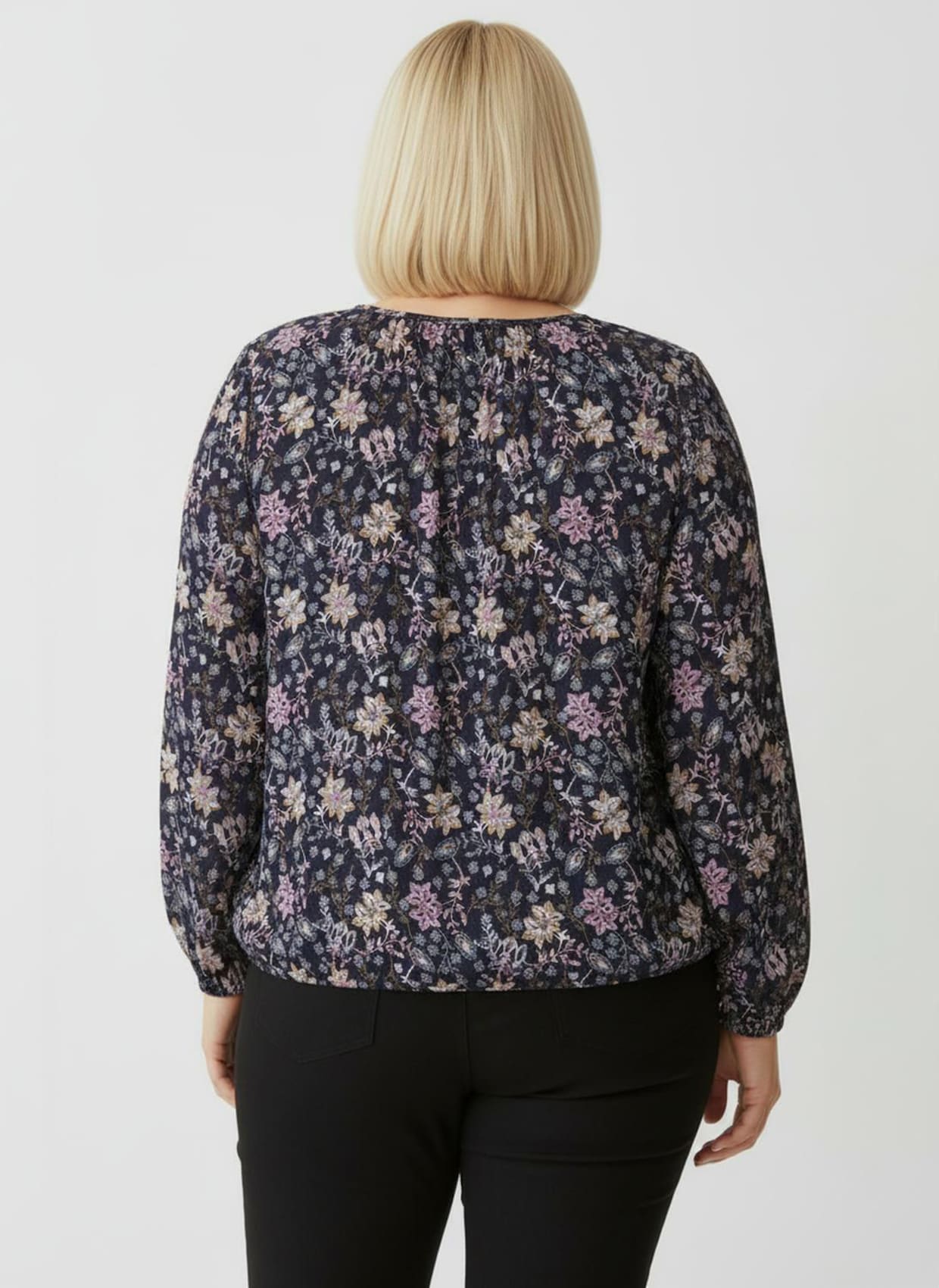 Schlupfbluse in Blüten-Dessin - marine-rosenquarz-bedruckt