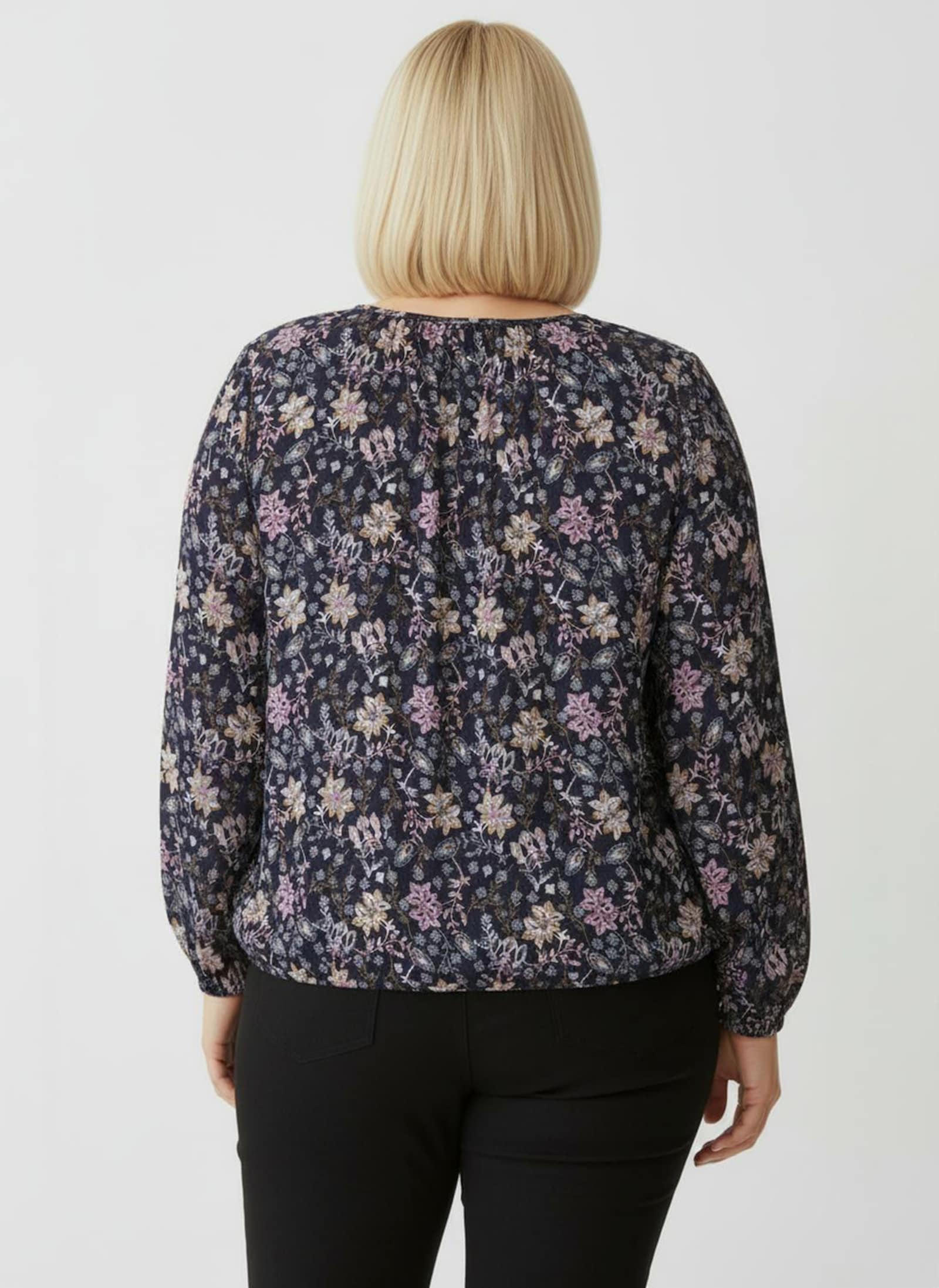 Schlupfbluse in Blüten-Dessin - marine-rosenquarz-bedruckt
