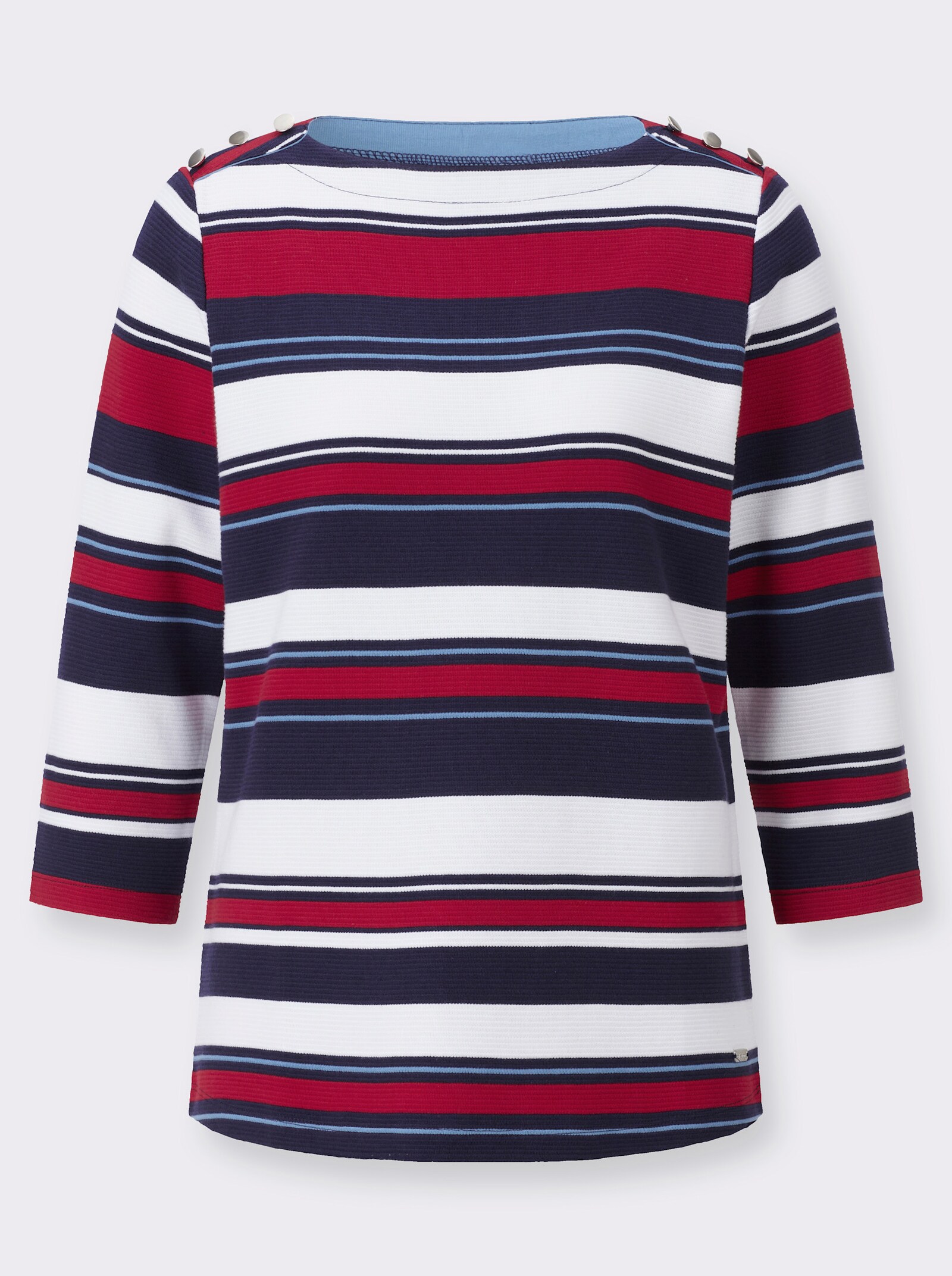 Ringelshirt mit Zierknöpfen an den Schultern - marine-rot-geringelt