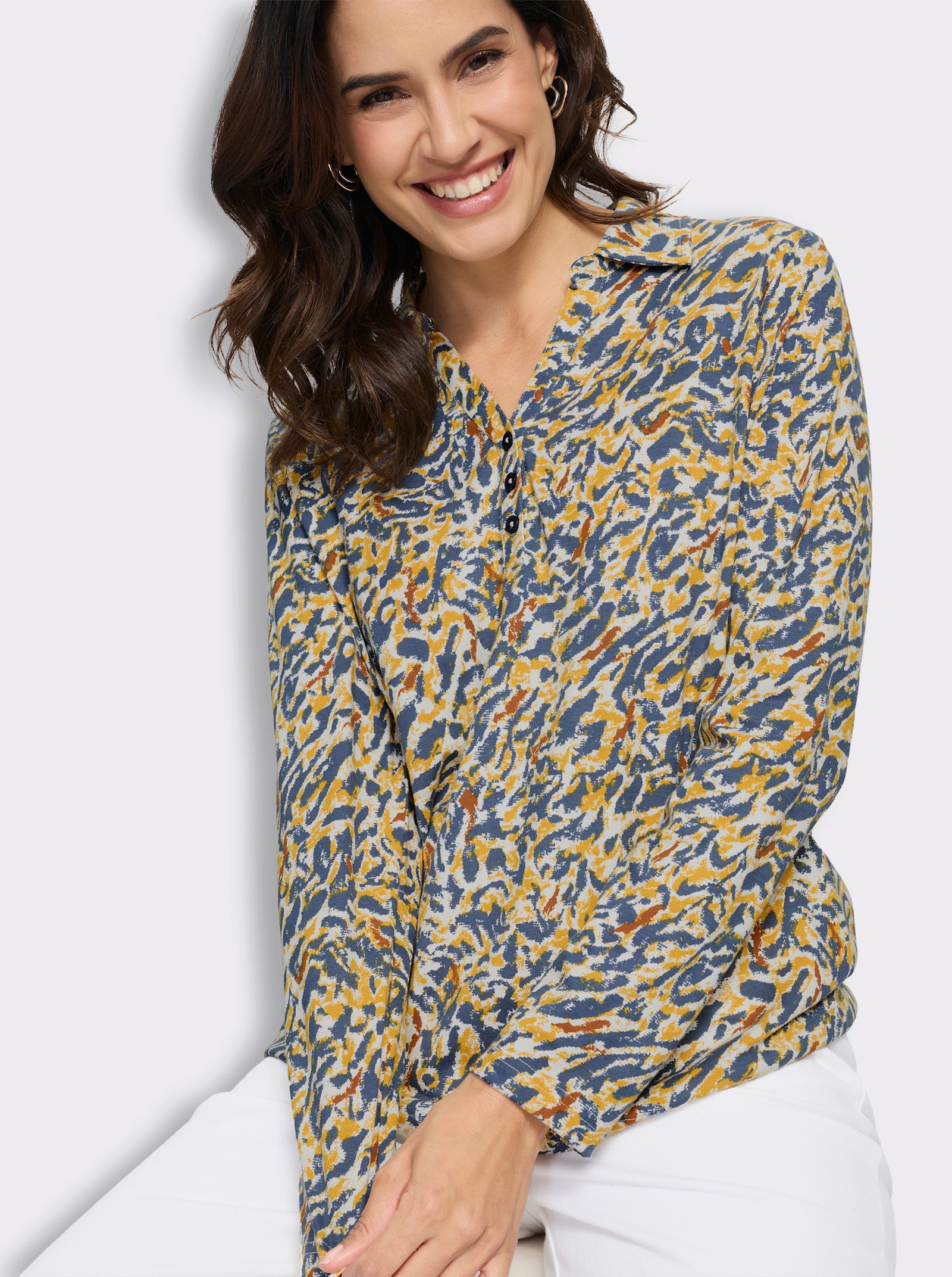  Poloshirt mit Alloverdruck - ecru-rauchblau-bedruckt