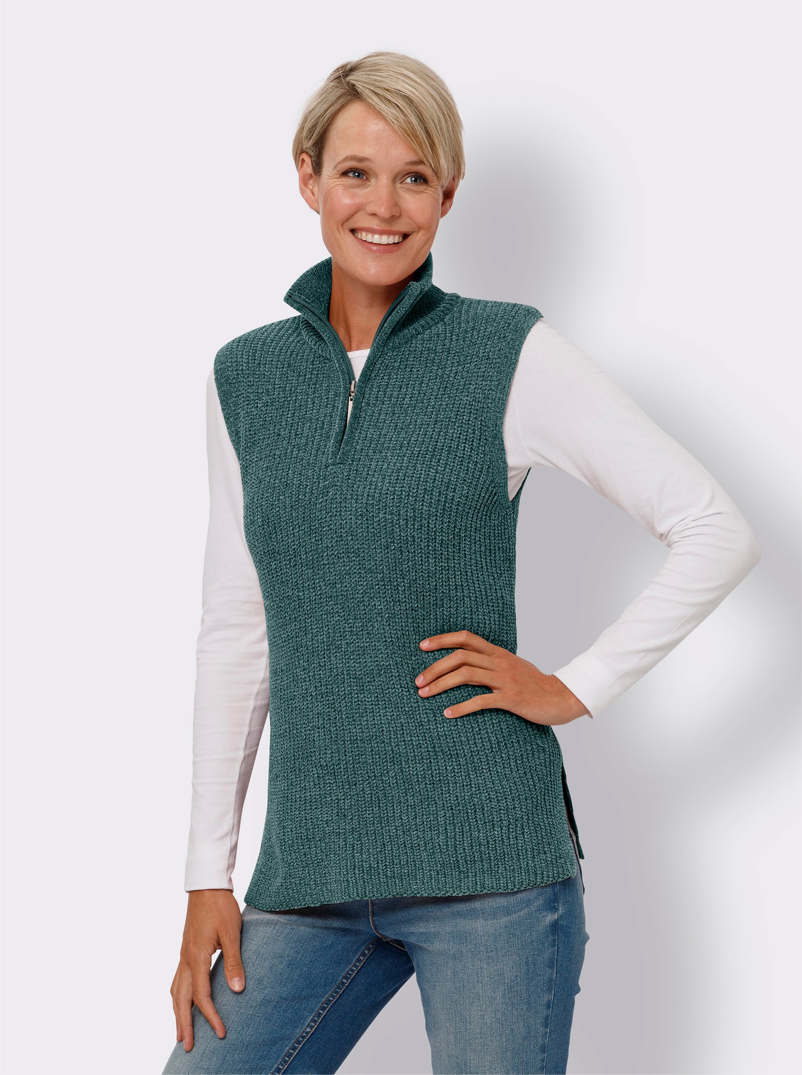 Svetr bez rukávů se stojáčkem a zapínáním na zip - zelená